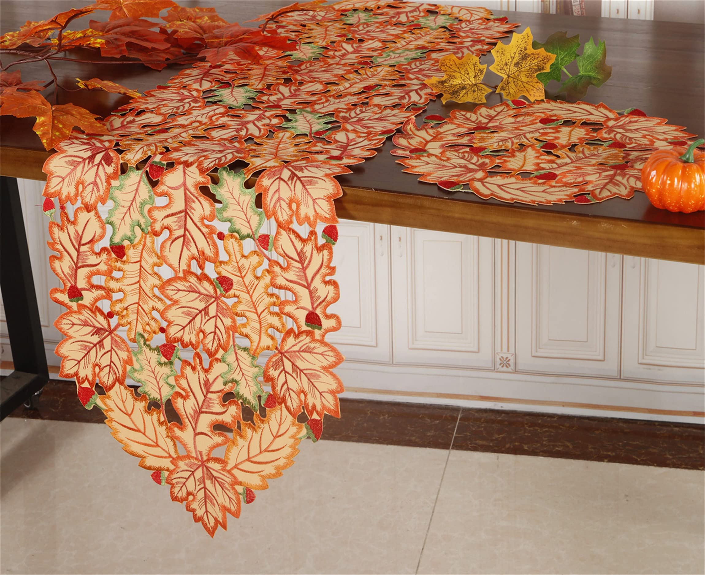 GRANDDECO 13x54 Inch Fall Table Runner with Cutwork Embroidered Maple Leaves - Autumn Harvest Thanksgiving Table Decor for Holiday Dinner, Party & Daily Home Decor - Coffee Brown (Perfect for Thanksgiving Gatherings, Fall Weddings & Cozy Seasonal Home Styling)