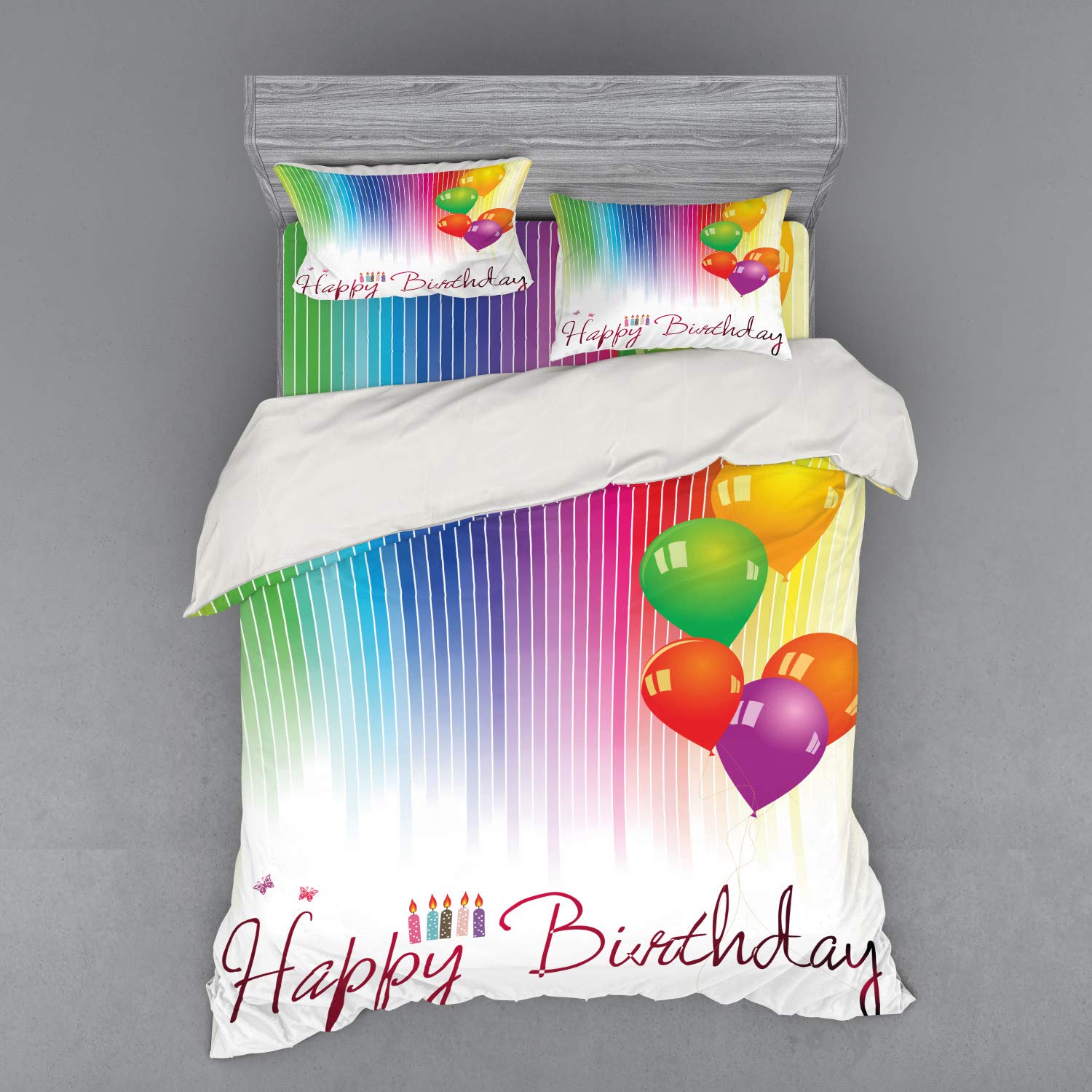 Ambesonne 4-Piece Queen Size Duvet Cover Set - Rainbow Striped Balloon & Candle Birthday Theme Bedding with Shams & Fitted Sheet | Perfect for Birthday Parties, Kids Rooms & Colorful Home Decor