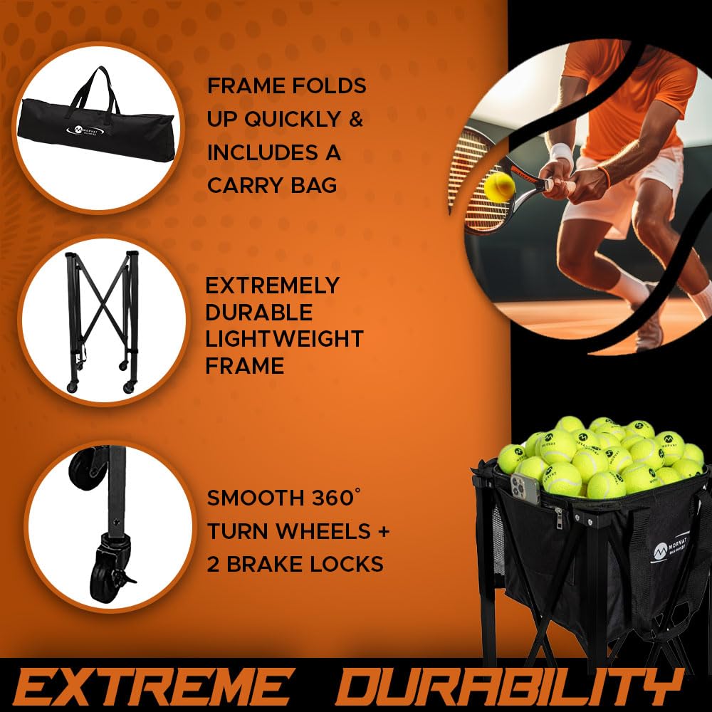 Professional Tennis & Pickleball Ball Hopper - Heavy Duty 165 Ball Capacity Practice Cart with Foldable Design | Portable Sports Training Equipment with Zippered Pocket & Racket Holder | Includes Carry Bag + 3 Tennis Balls for Court Practice & Backyard Drills