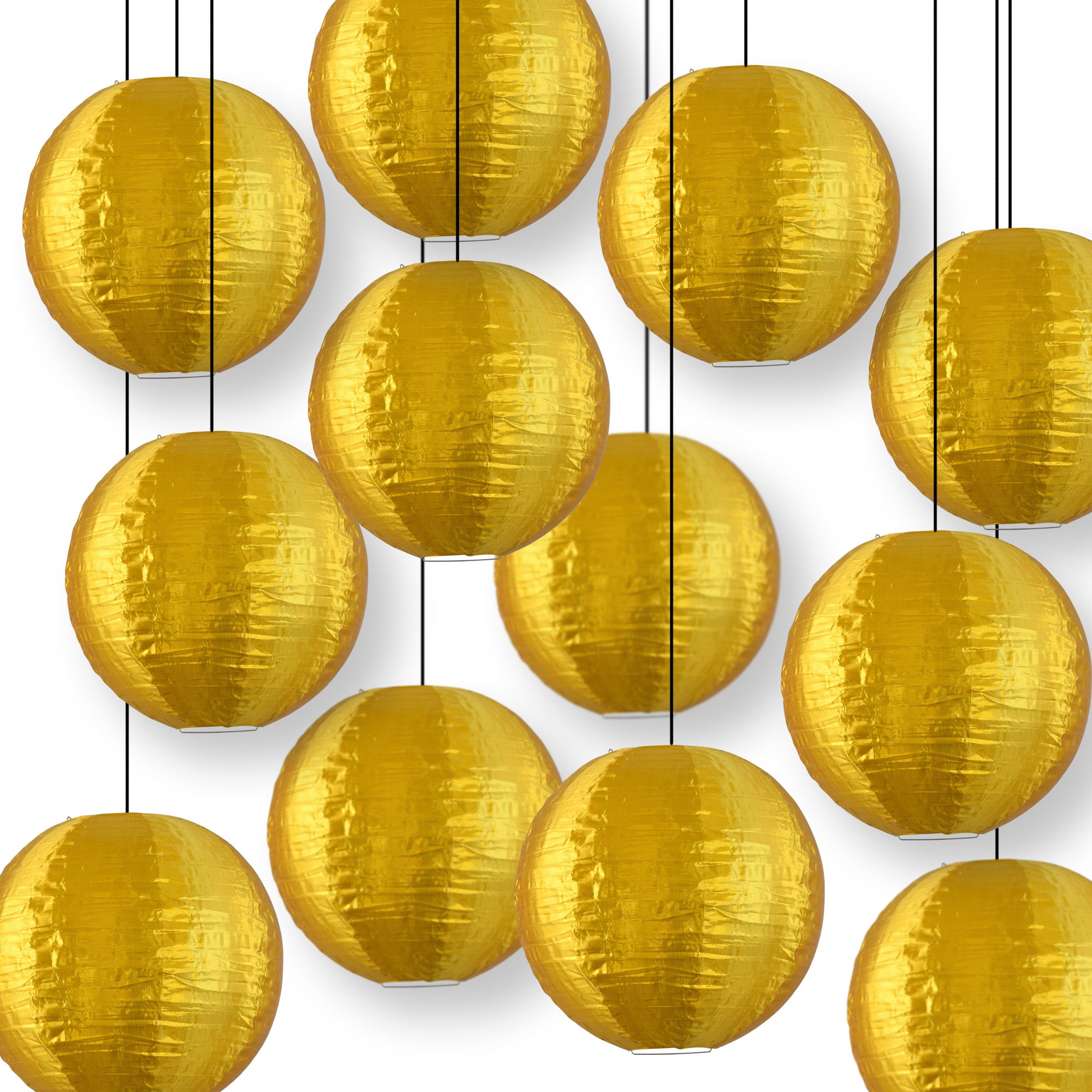 12 Pack Gold Shimmering Nylon Lanterns - Even Ribbing, Durable Hanging Decorations for Party, Wedding & Outdoor Events