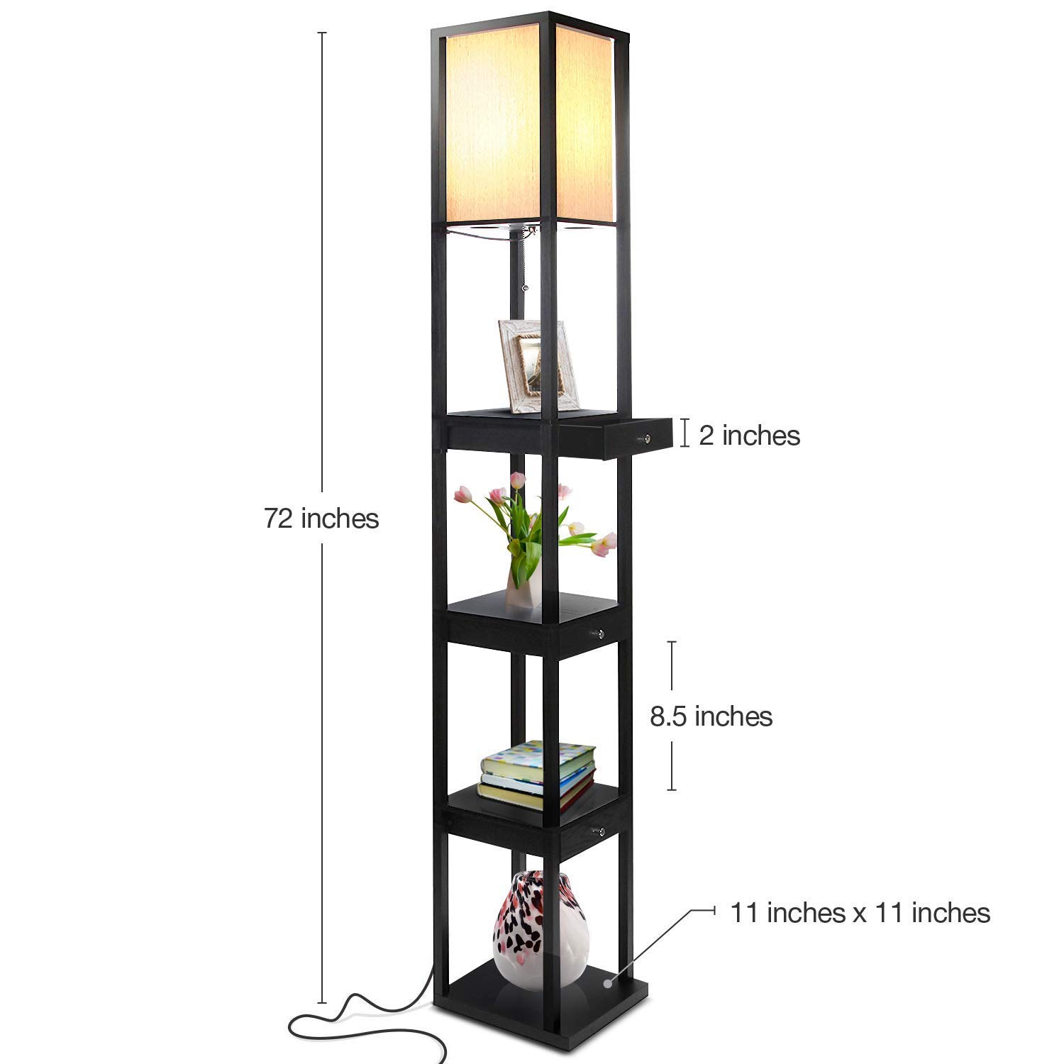 Brightech Maxwell Modern LED Floor & Table Lamp Set of 2 with USB Port & Storage Drawers - Wood Frame Bedside Lamp with Soft Ambient Lighting for Bedroom, Living Room & Office - Black Nightstand Lamp for Reading & Relaxation