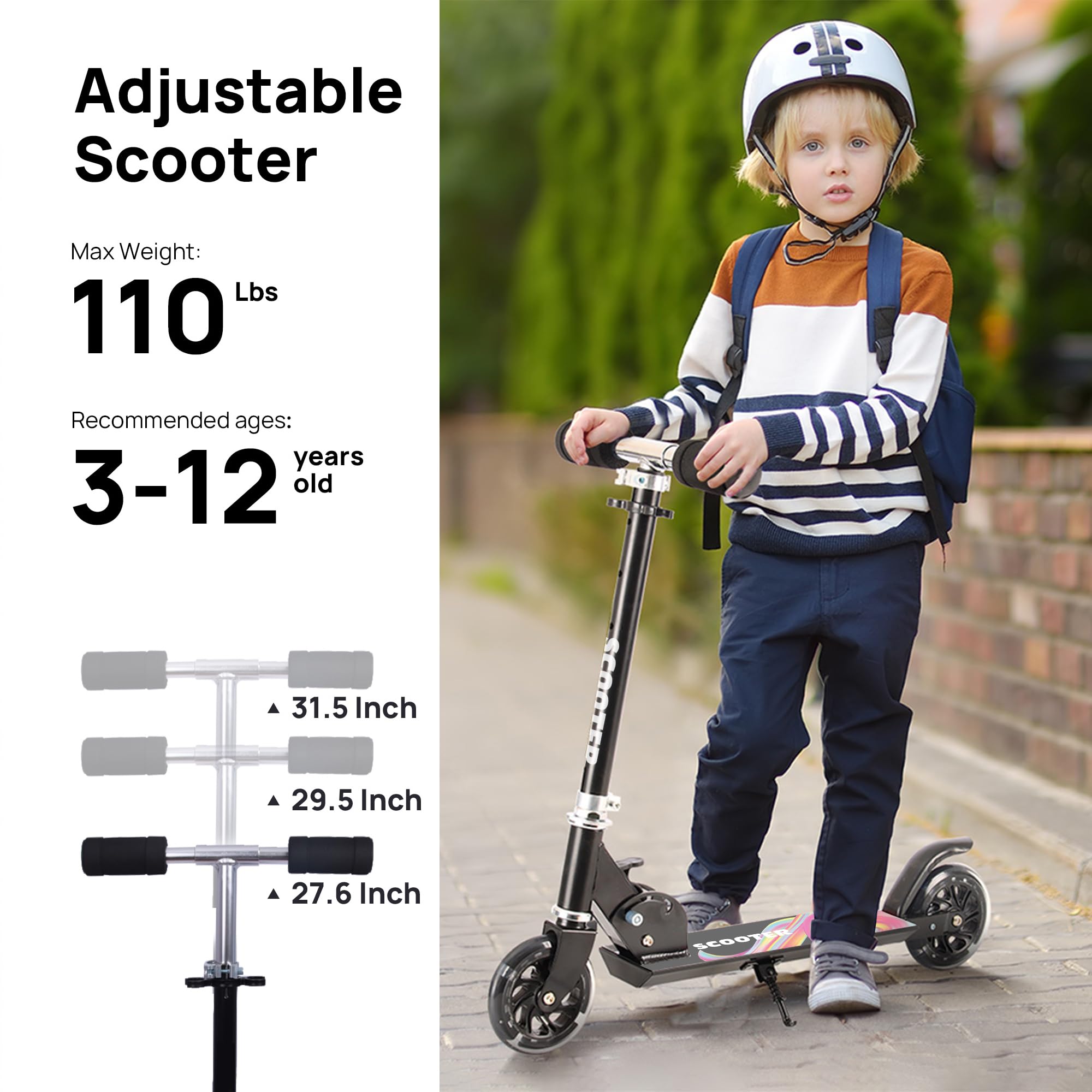 Best Folding Kick Scooter for Kids Ages 3+ - Adjustable Height, Rear Brake & LED Light Up Wheels - Lightweight & Durable for Boys & Girls - Perfect for Commuting, Park Rides & Outdoor Play