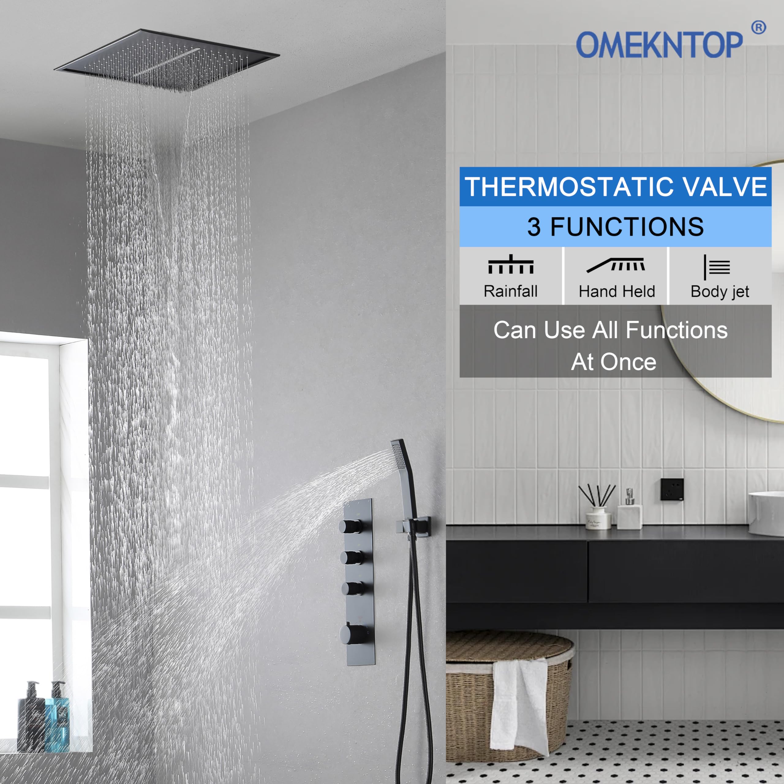 3-Way Shower Diverter Valve Matte Black - Thermostatic Mixer Brass Valve with 3 Functions & Flow Control - Perfect for Shower Arm Kits & Bathroom Renovations - Ideal for Spa-Like Showers, Water Conservation & Multi-Head Installations