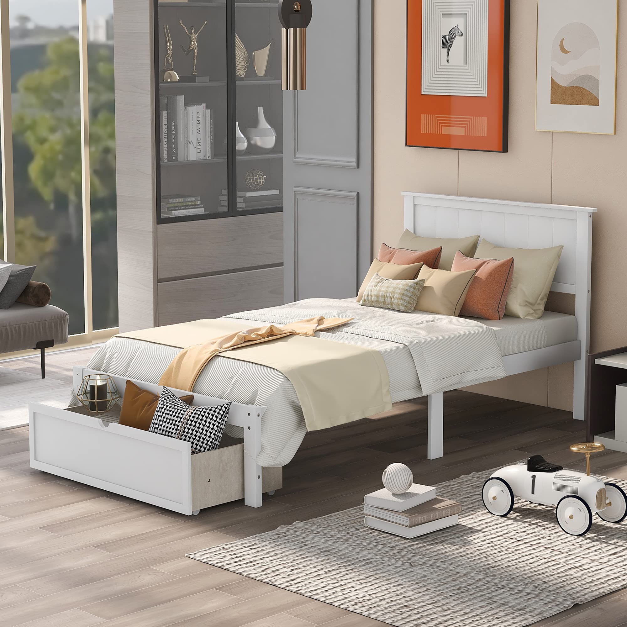 P PURLOVE Twin Size Wooden Platform Bed Frame with Under-Bed Storage Drawer & Slat Support - White - Perfect for Small Bedrooms, Guest Rooms & Dormitories