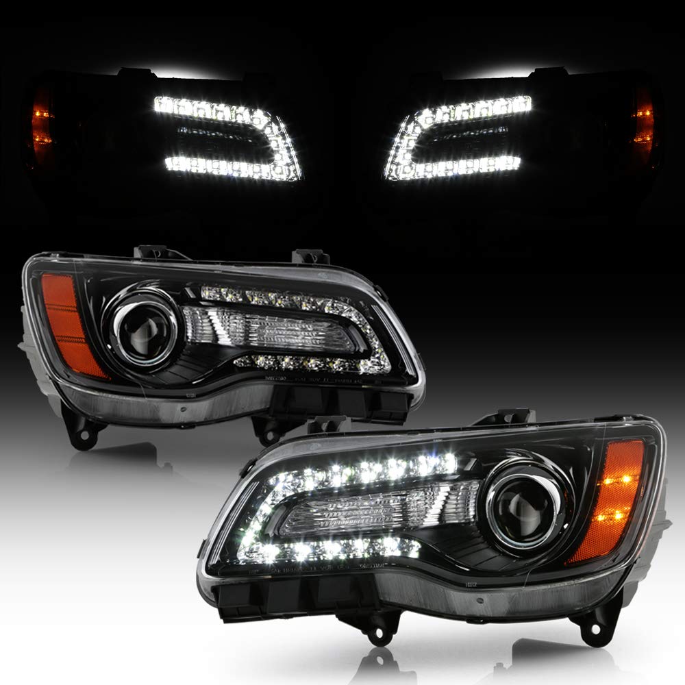 ACANII Black OE Style LED DRL Projector Headlights for 2011-2014 Chrysler 300 - Halogen Model Replacement - Left & Right Pair - Upgrade Your Night Driving Safety