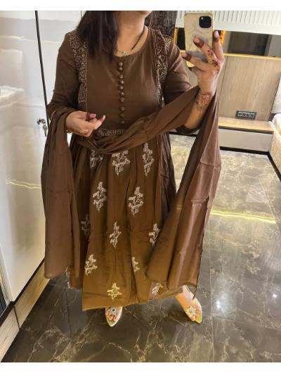 Elegant Muted Brown Cotton Kurti Set with Pant & Dupatta - 3 Piece Indian Ethnic Outfit for Women | Perfect for Festivals, Weddings & Casual Wear
