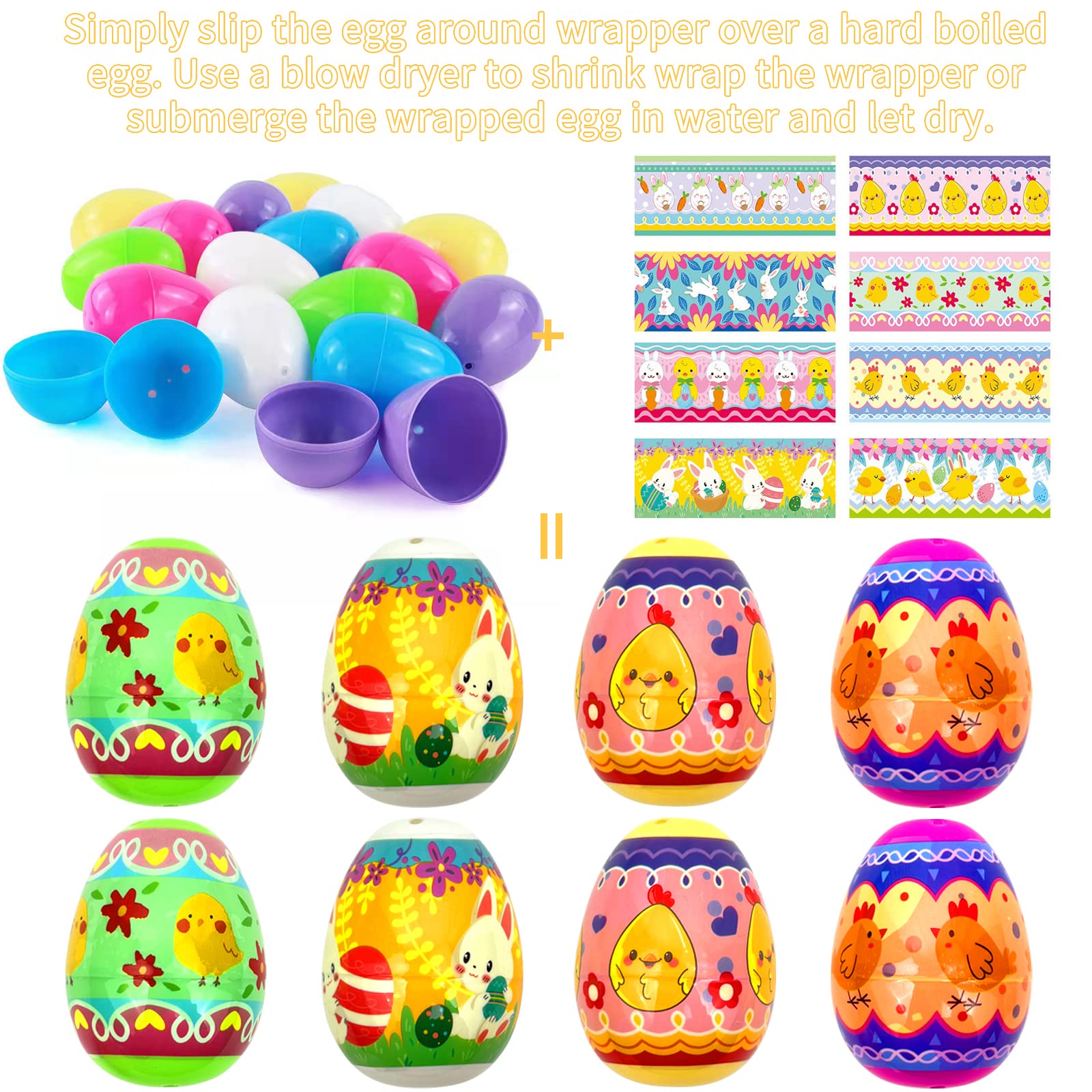 50 Pack Glow in the Dark Easter Egg Wraps - Heat Shrink Plastic Sleeves for 2.4 Inch Easter Eggs, Bunny Chicken Egg Decorations - Perfect for Easter Party Favors, Egg Hunt Decor & Spring Festival Crafts