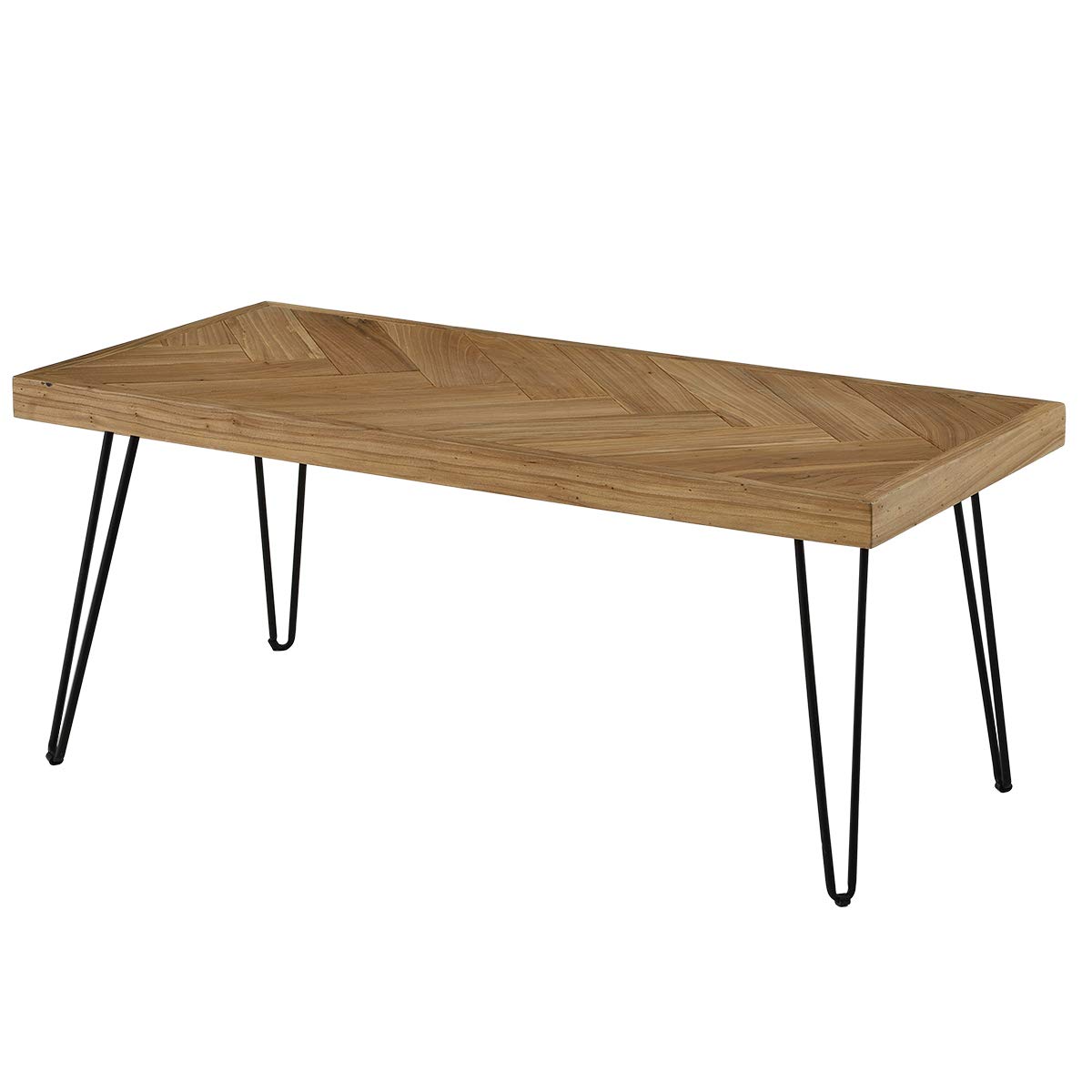 Kepooman Modern End Table - Easy Assembly Coffee Table with Chevron Pattern & Metal Hairpin Legs, Natural Rough Wood - Perfect for Living Room, Lounge, or Bedroom Decor