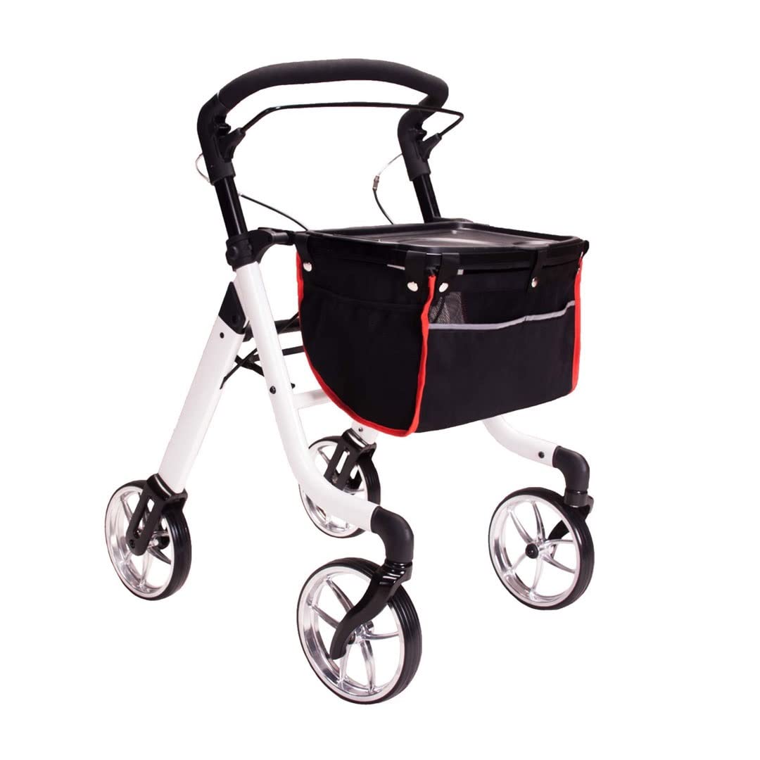 HEALTHLINE Lightweight 4-Wheel Rollator Walker for Seniors - Heavy Duty Mobility Aid with Storage Basket & Tray - Narrow Design Fits Through Doorways - Indoor Use for Elderly (White) - Perfect for Home, Hospital, and Assisted Living Facilities