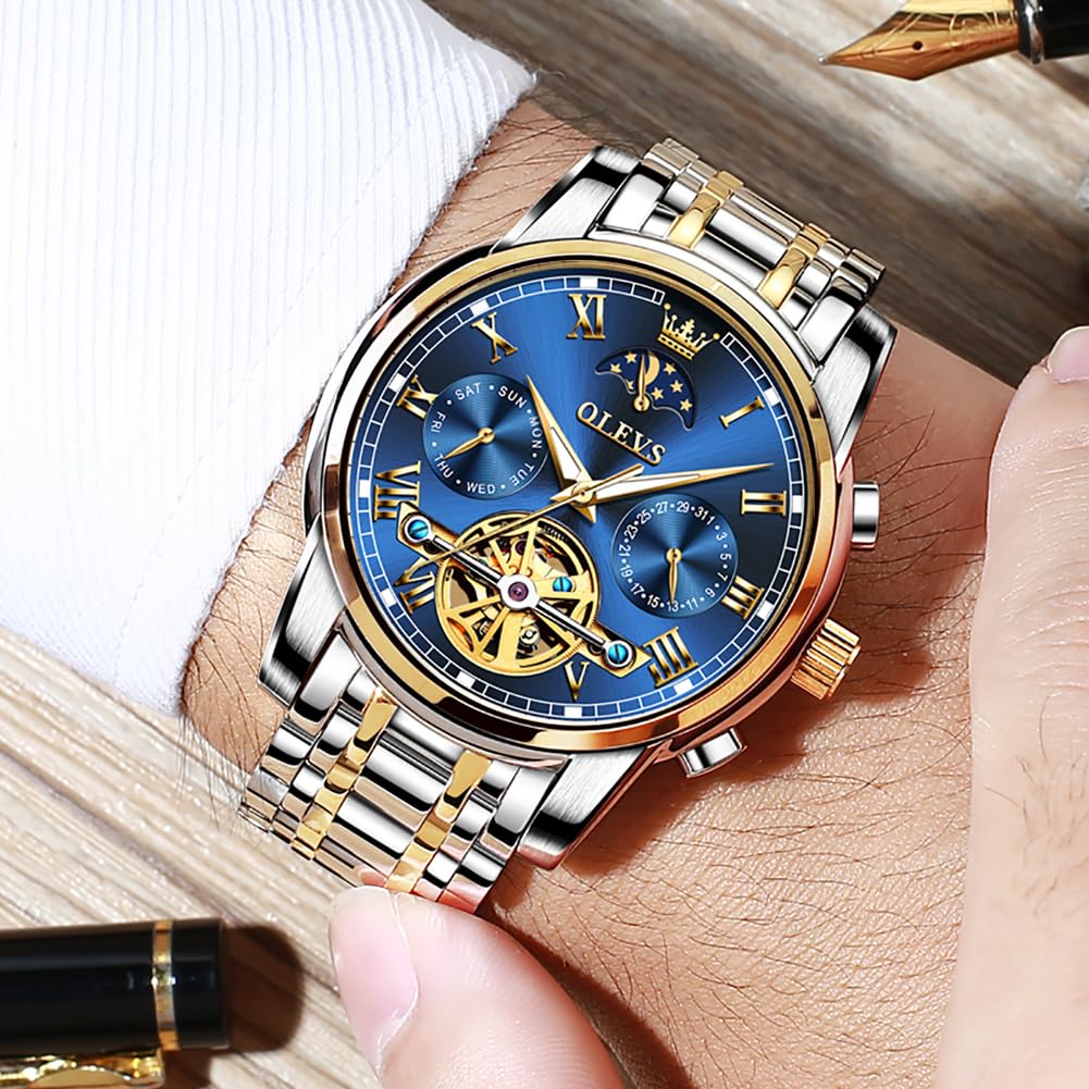 OLEVS Automatic Self-Winding Men's Watch with Date & Day Display - Stainless Steel Skeleton Tourbillon Watch - Waterproof Mechanical Watch for Men | Perfect for Business, Formal Events & Daily Wear