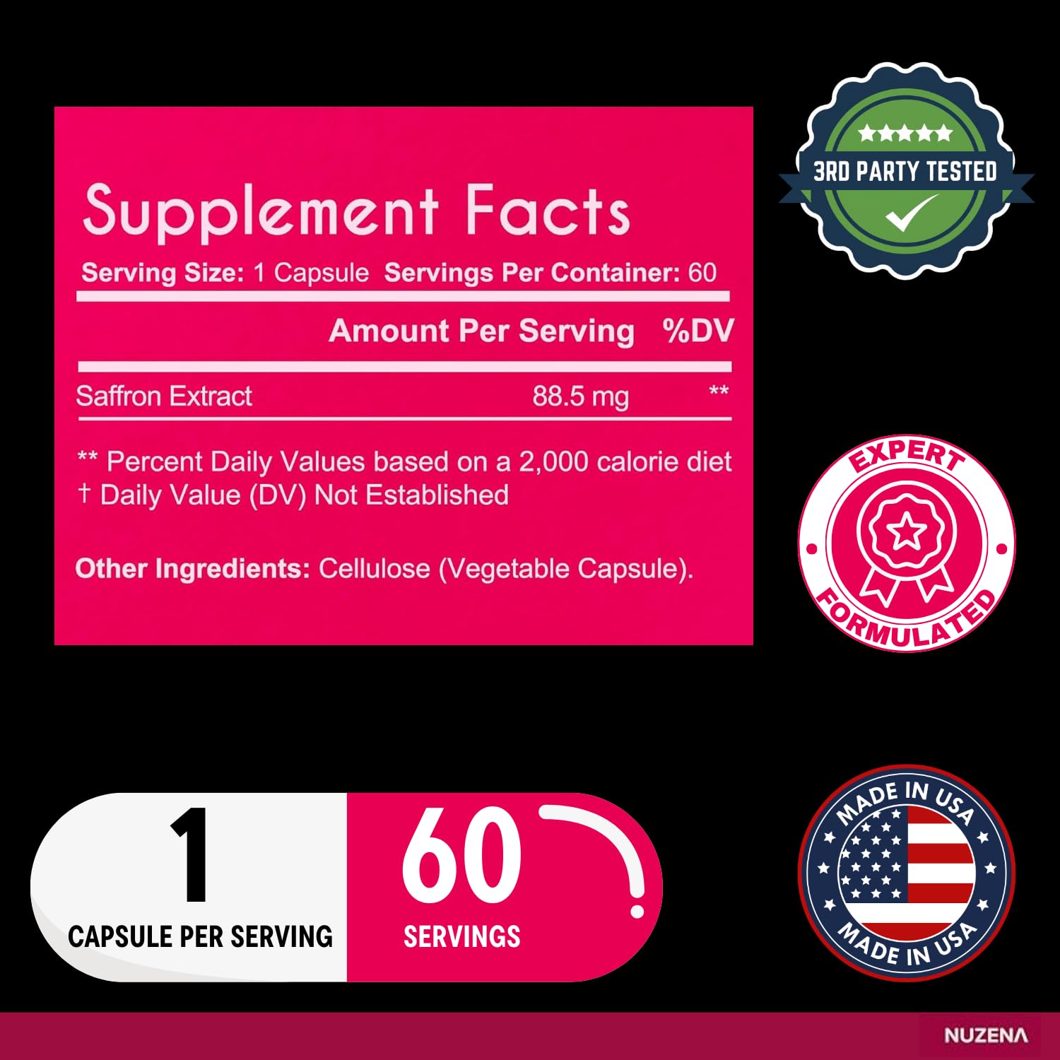 Premium Saffron Extract Supplement 88.5mg - Vegan Mood Enhancer & Memory Support - Non-GMO Pure Saffron Capsules for Eye Health & Emotional Well-Being - 60 Count (1 Capsule per Serving) - Ideal for Stress Relief, Focus & Daily Wellness Routine