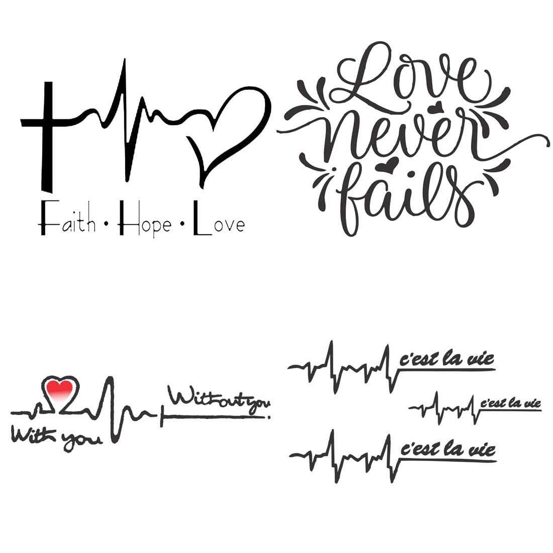 Faith Hope Love Quartz Line Art Temporary Tattoos - Pack of 4 Waterproof Body Stickers (2x4 Inch) for Men & Women | Perfect for Festivals, Parties & Self-Expression