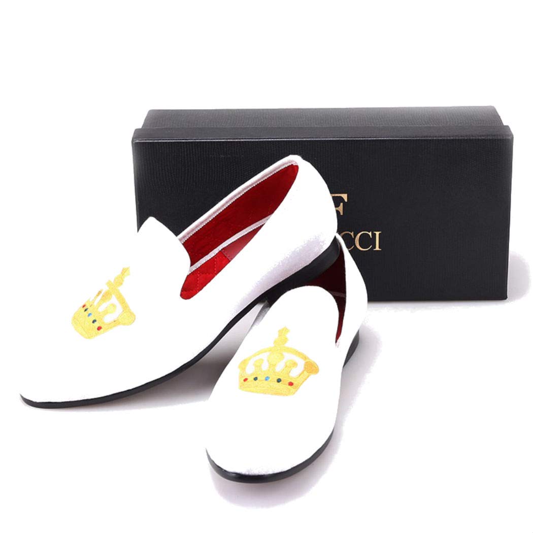 FERUCCI Men's Custom White Velvet Loafers with Gold Crown - Luxury House Slippers for Indoor Comfort & Elegant Lounging
