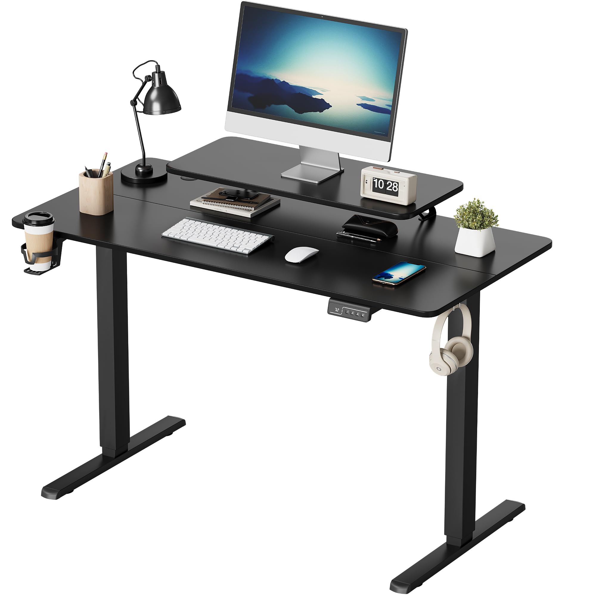 Furmax 47x24 Inches Electric Height Adjustable Standing Desk with Monitor & Laptop Workstation - Sit Stand Computer Desk with Cup Holder, Hook & Cable Management Holes (Carbon Black) - Perfect for Home Office, Gaming & Workspace Ergonomics