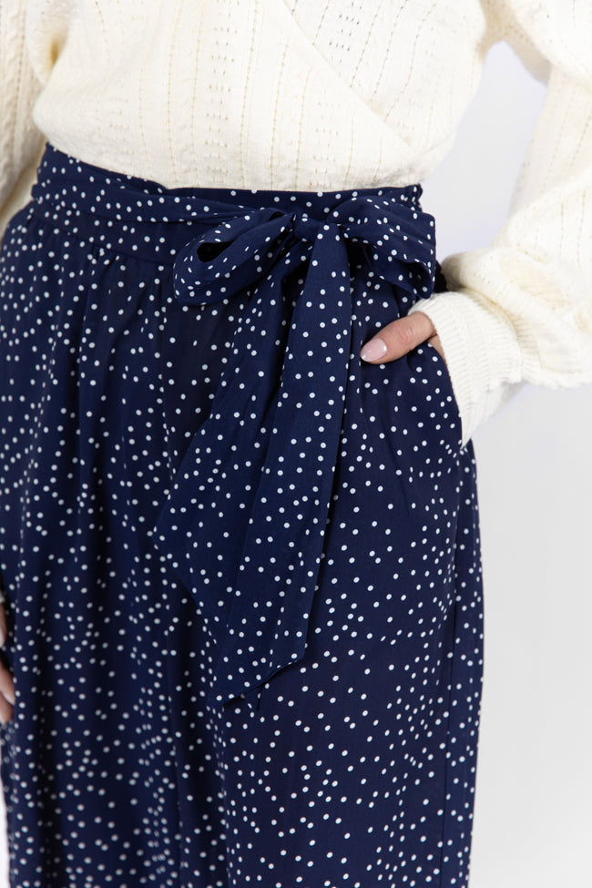 Over The Blues Navy Polka Dot Belted Wide Leg Pants for Women - High Waisted Comfortable Lounge & Office Pants - Perfect for Casual Wear, Work Outfits and Relaxing at Home