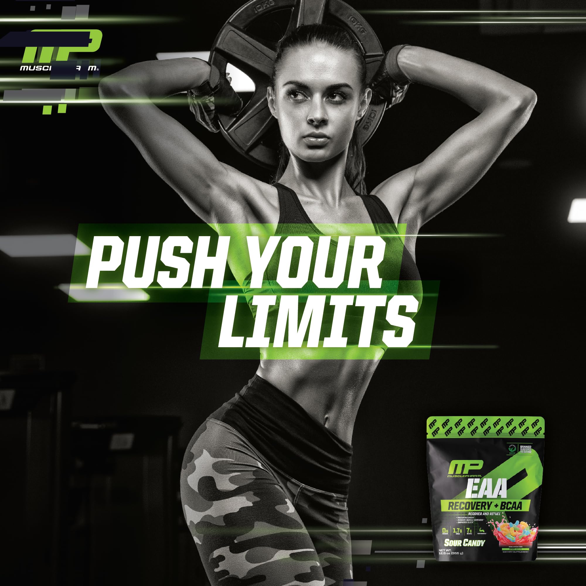 MusclePharm EAA Recovery + BCAAs Powder - Essential Amino Acid Supplement for Men & Women with Branched Chain Amino Acids - 30 Servings Sour Candy Flavor - Pre & Post Workout Energy Boost for Gym, Running & Fitness Training