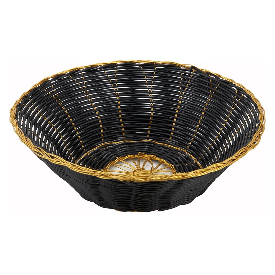 Winco 8.5 Inch Round Woven Storage Basket - Black with Gold Trim for Home Organization, Bathroom Decor, and Gift Wrapping