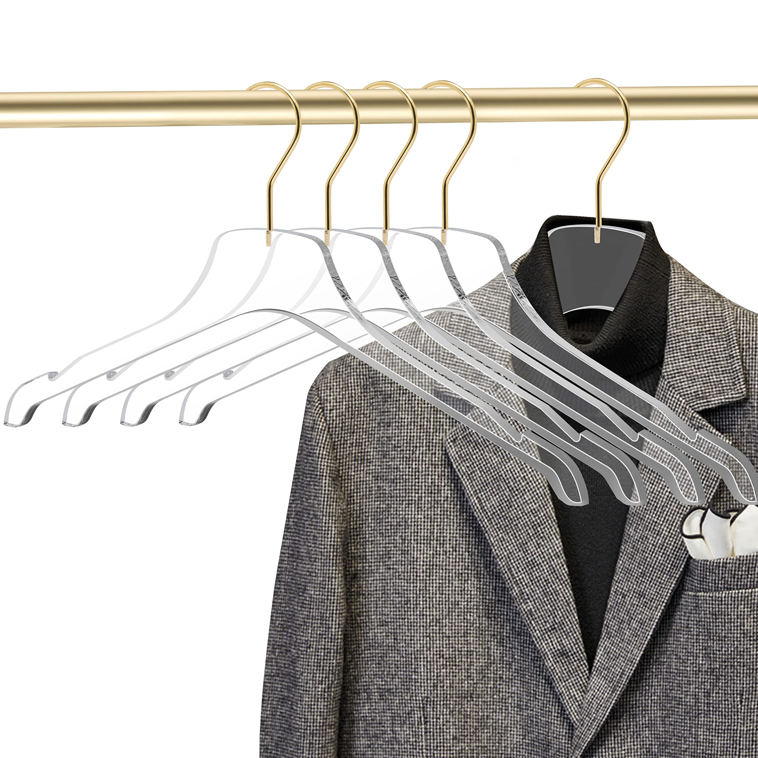 Premium Clear Acrylic Hangers with Swivel Gold Hook - 20 Pack Non-Slip Closet Organizers for Luxury Wardrobe & Display - Perfect for Clothing Boutiques, Walk-in Closets and Jewelry Storage