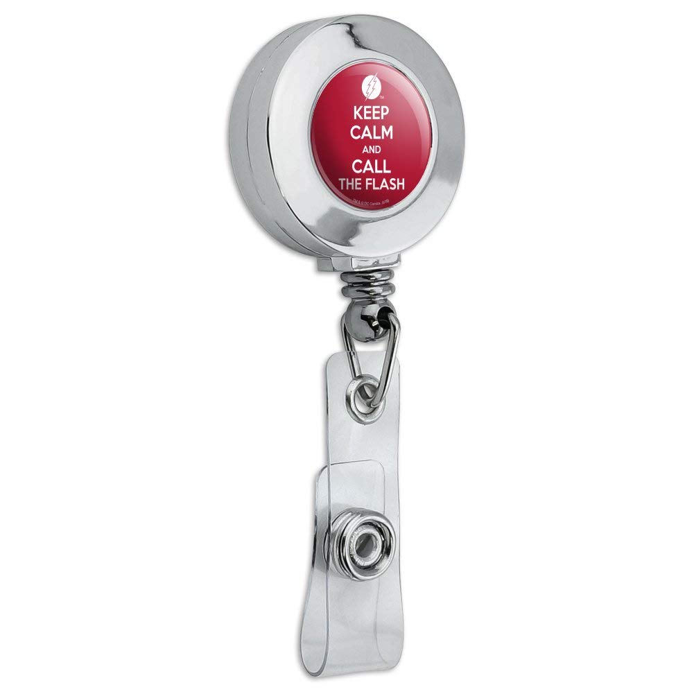 Retractable Badge Reel with Flash Design - Keep Calm and Call Chrome ID Card Holder Clip for Work, Security, and Events