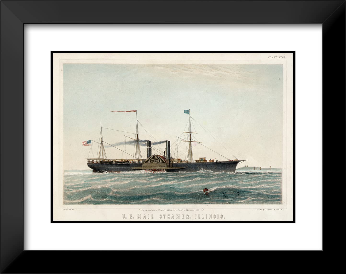 Charles Parsons 18x14 Black Modern Frame with Double Matted Museum Art Print - U.S. Mail Steamer, Illinois (1835-1861) | Vintage Nautical Wall Decor for Living Room, Office & Gallery