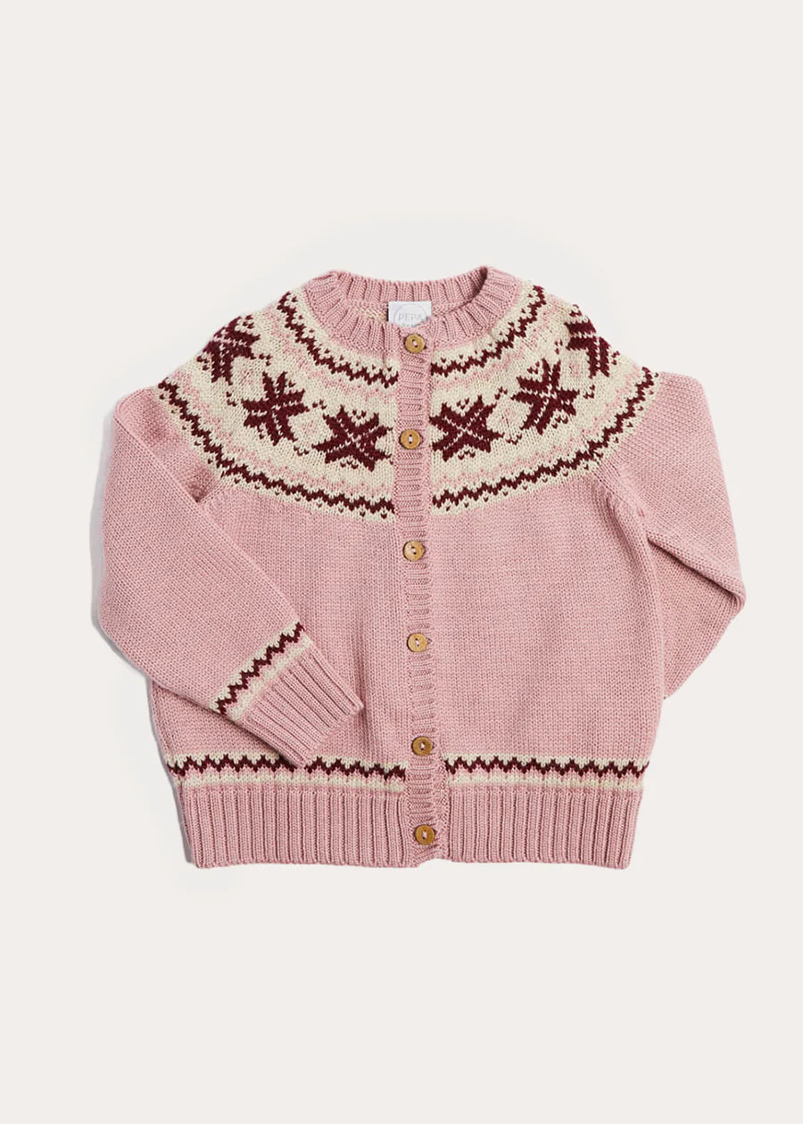 Classic Fair Isle Knit Cardigan for Kids - Pink Ribbed Details (12 Months to 10 Years) | Cozy Winter Wear for School & Family Outings