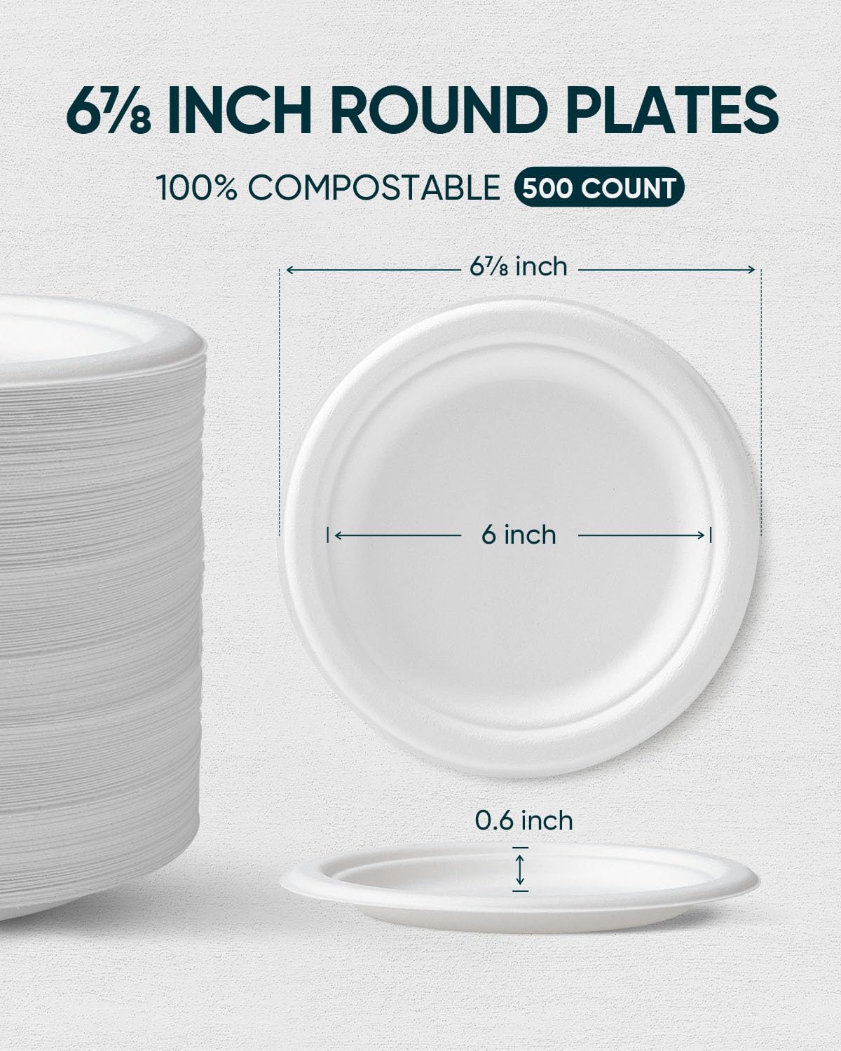 6 7/8 Inch Small Compostable Disposable Paper Plates - Heavy Duty White Dessert Plates Bulk 500 Count for Snacks, Parties, Camping & Outdoor Picnics | Eco-Friendly & Durable