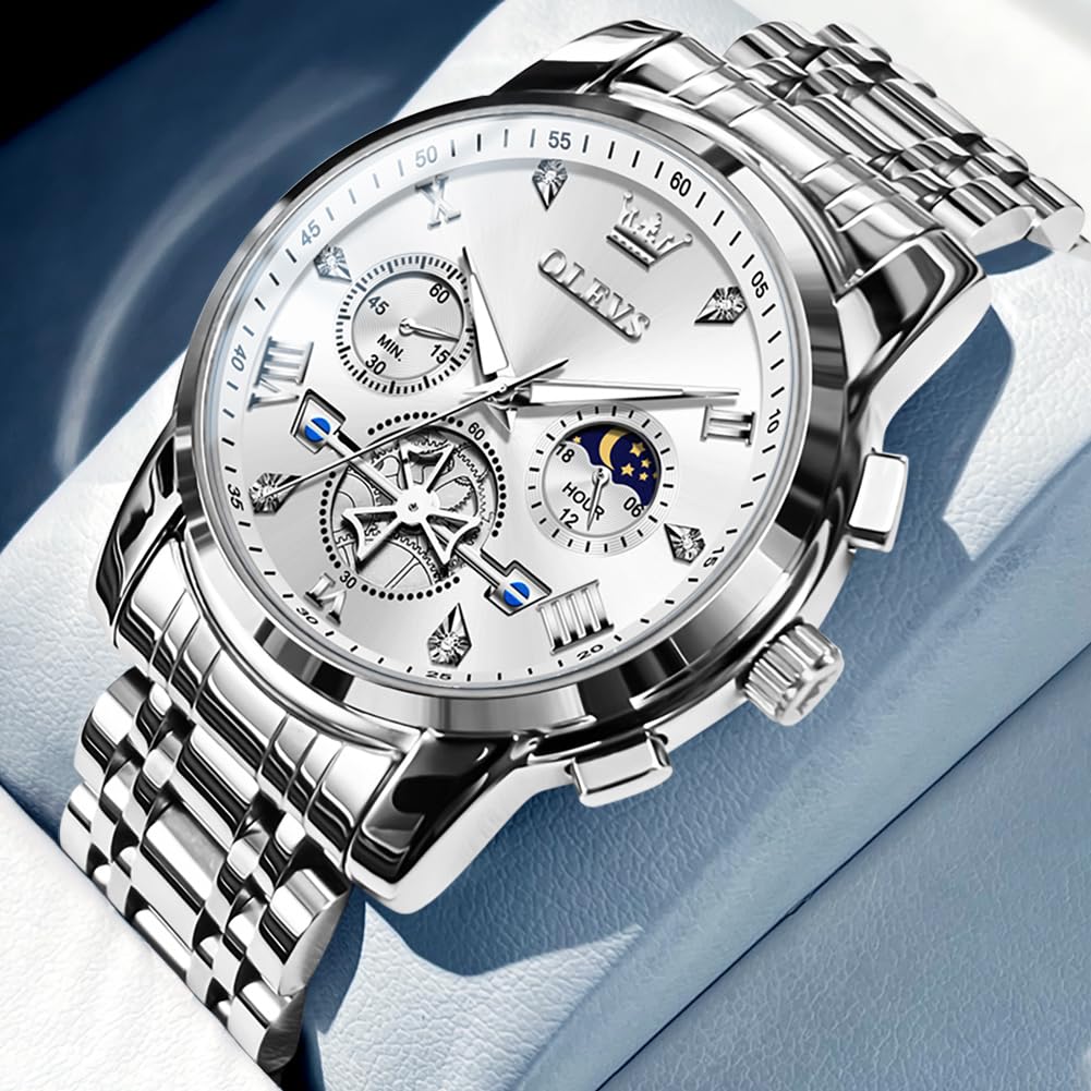OLEVS Men's Luxury Stainless Steel Chronograph Watch - Silver Analog Quartz with Roman Numerals, Big Face & Diamond Accents - Waterproof Dress Watch for Men | Perfect for Business, Formal Events & Everyday Wear