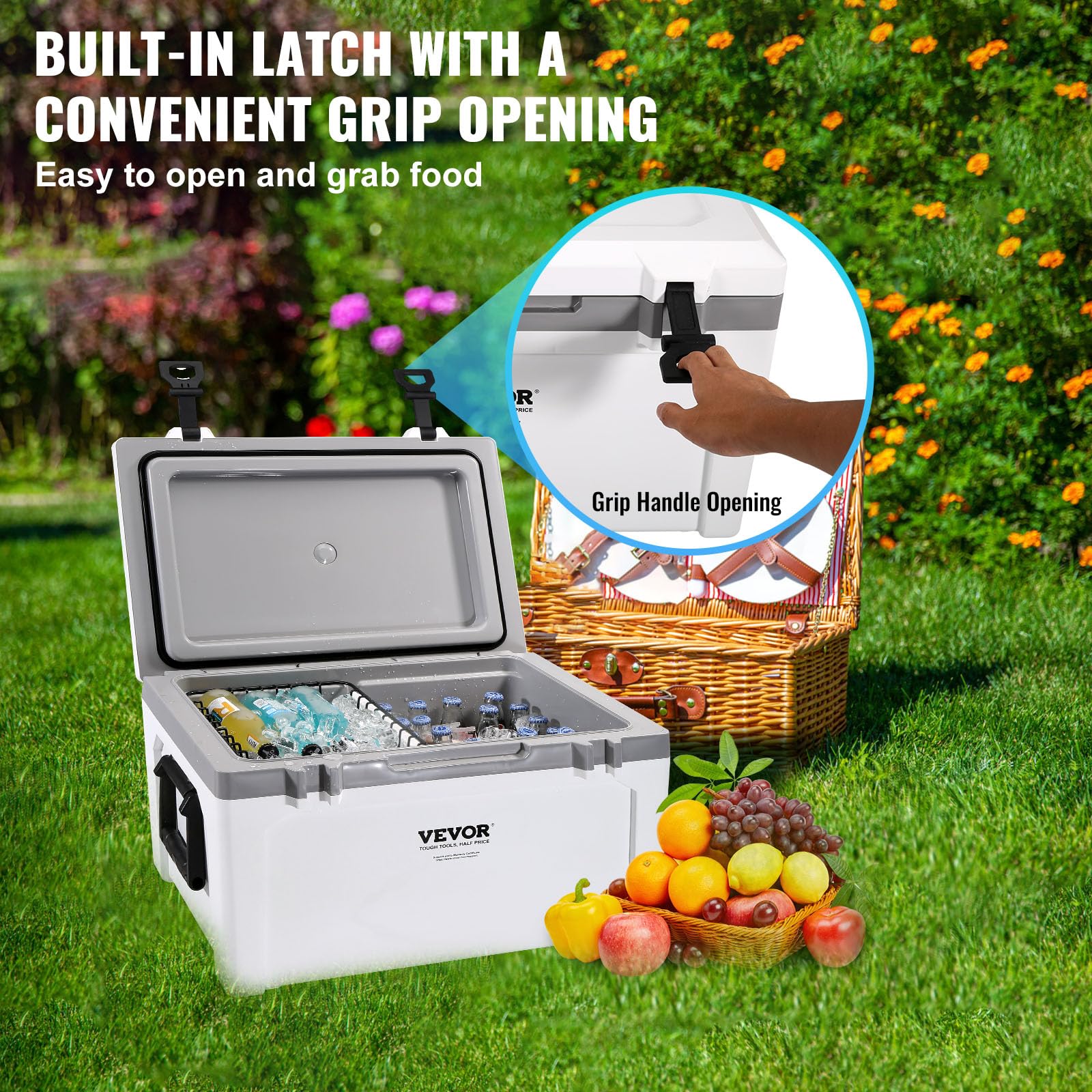 VEVOR 52 Quart Insulated Portable Cooler - Heavy Duty Ice Chest for Camping, Beach, Picnics & Outdoor Adventures | Holds 50 Cans with 6-Day Ice Retention | Perfect for Tailgating, Fishing Trips & Road Trips
