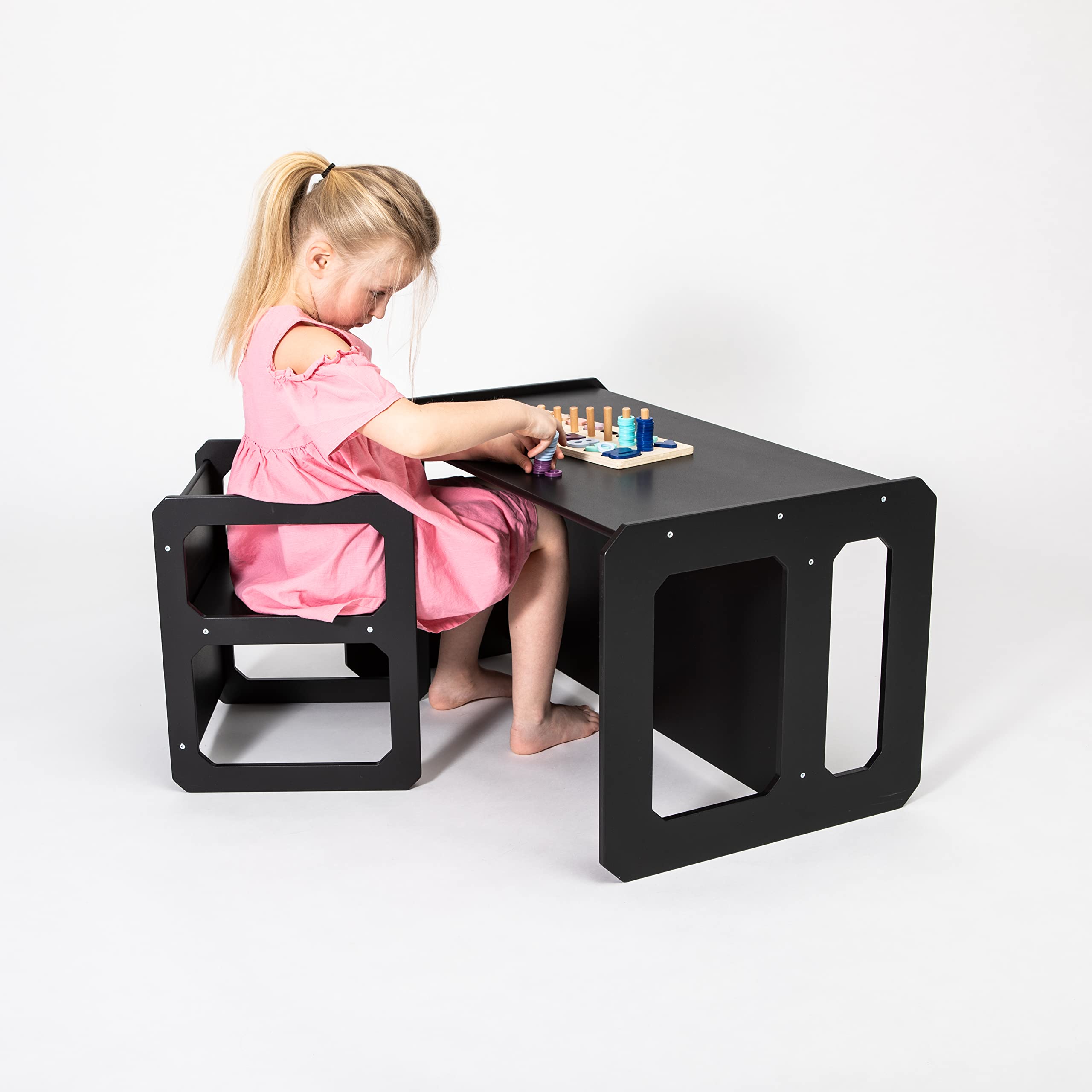 Montessori Wooden Kids Play Table and Chair Set - Toddler Learning Table, Preschool Activity Table, Weaning Table for Children - Black Color (1 Table + 1 Chair) - Perfect for Home Playroom, Classroom & Daycare Learning Activities