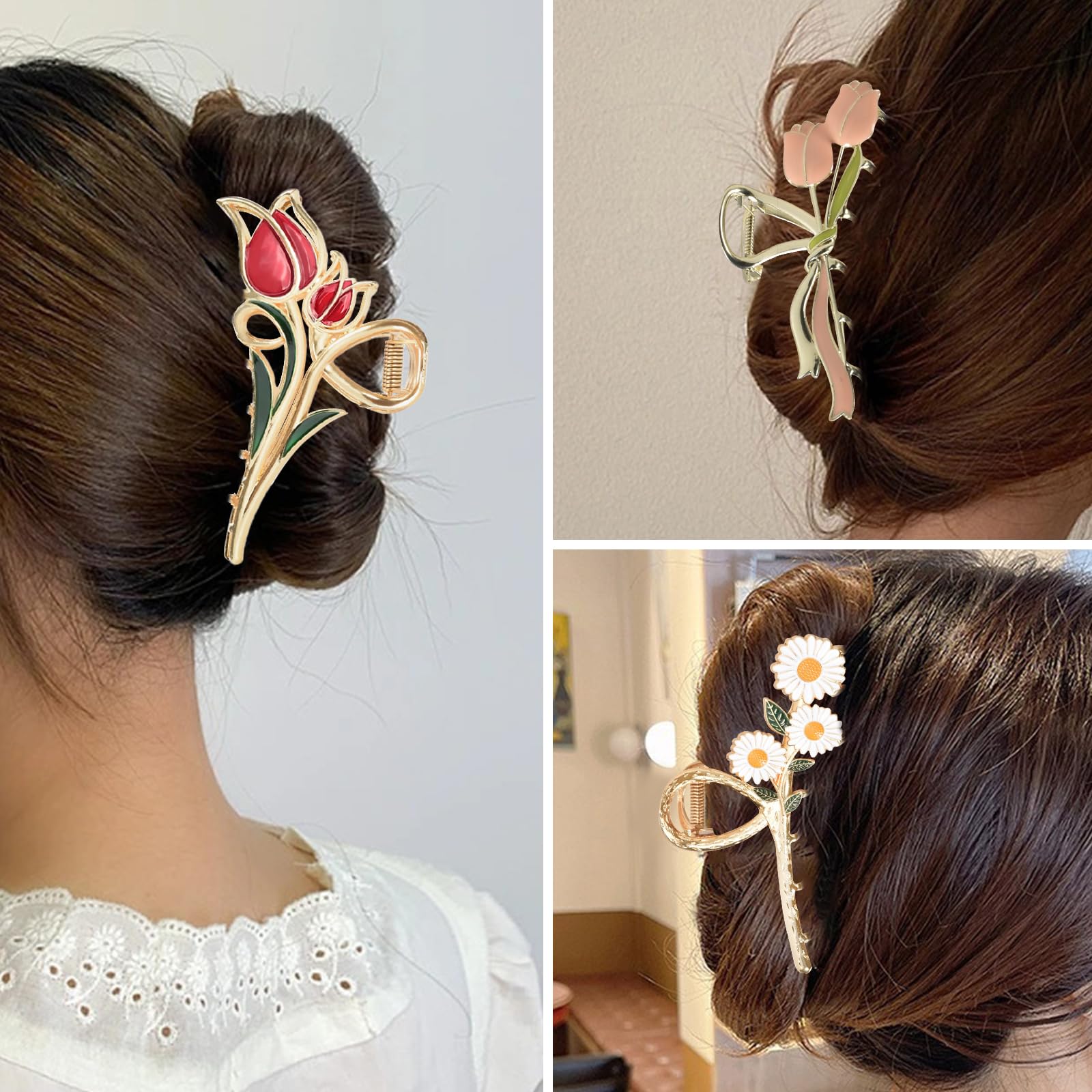 3-Piece Flower Metal Hair Clips Set - Colorful Tulip Hair Claws for Thin to Medium Thick Hair - Elegant Daisy Floral Barrettes with Strong Hold & Non-Slip Grip - Perfect for Weddings, Parties & Everyday Styling