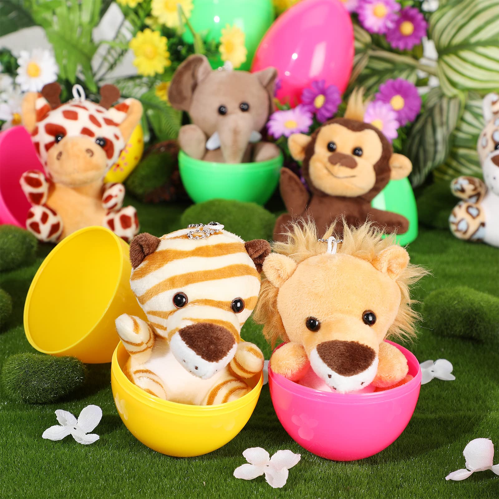 Skylety 12-Piece 4.8-Inch Stuffed Easter Eggs with Plush Forest Animals - Elephant, Giraffe & Tiger Toys Inside - Cute Easter Basket Stuffers & Party Favors for Kids' Easter Egg Hunts, Classroom Rewards & Spring Celebrations