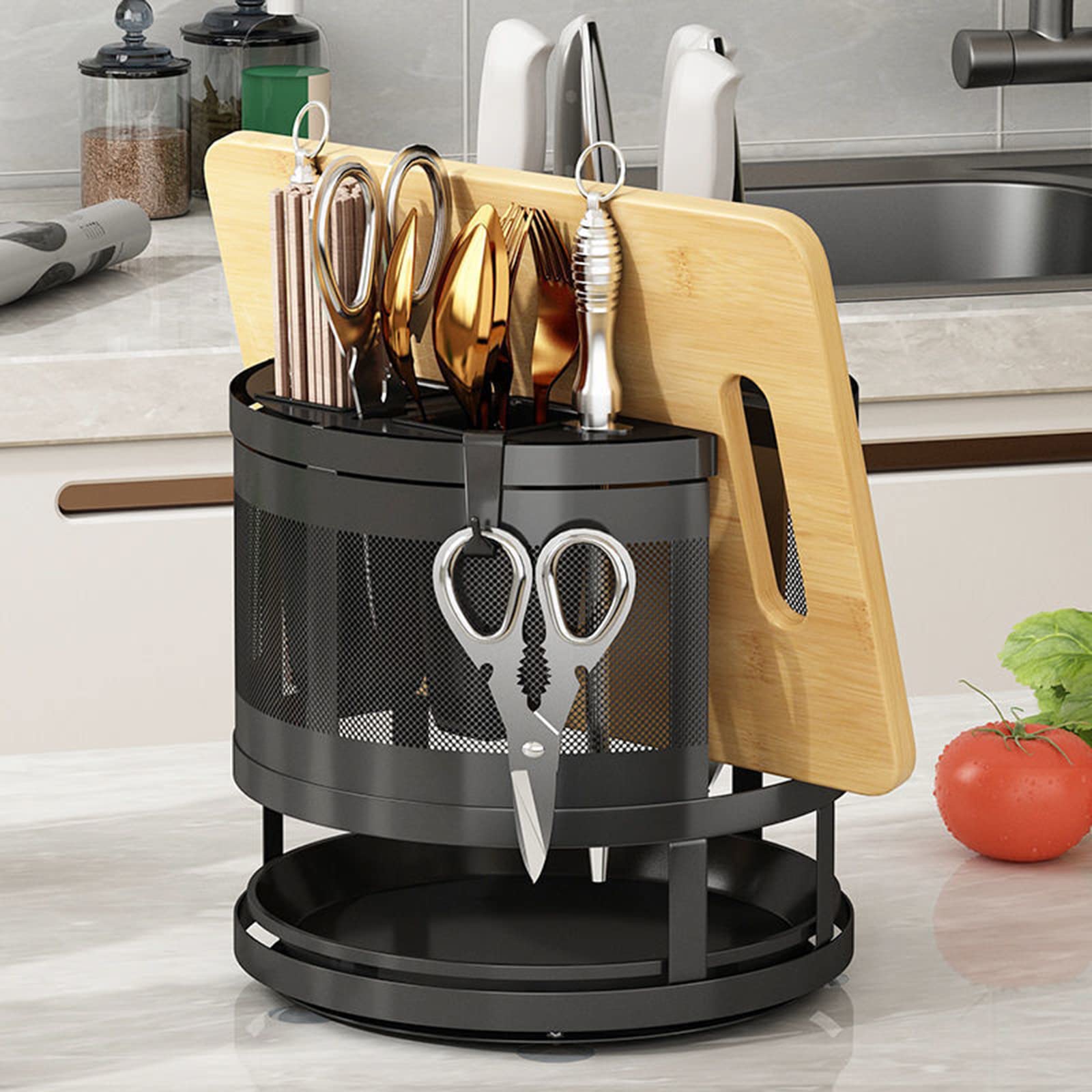 Universal Knife Block Holder with Slots & Hooks - Rotating Kitchen Storage Caddy for Knives & Utensils - Black Wooden Cutting Board Organizer Display Stand - Perfect for Countertop Organization in Modern Kitchens