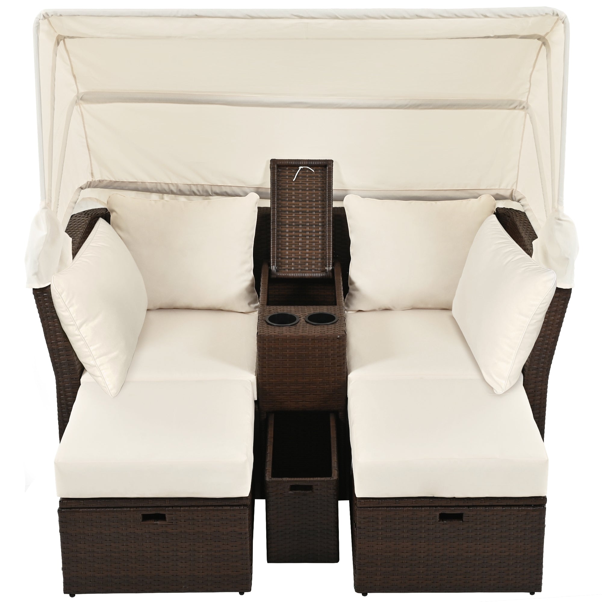 2 Seater Outdoor Patio Daybed with Foldable Awning & Cushions - Double Loveseat Sofa Set for Garden, Balcony, Poolside - Perfect for Relaxing, Sunbathing & Outdoor Lounging (Beige)