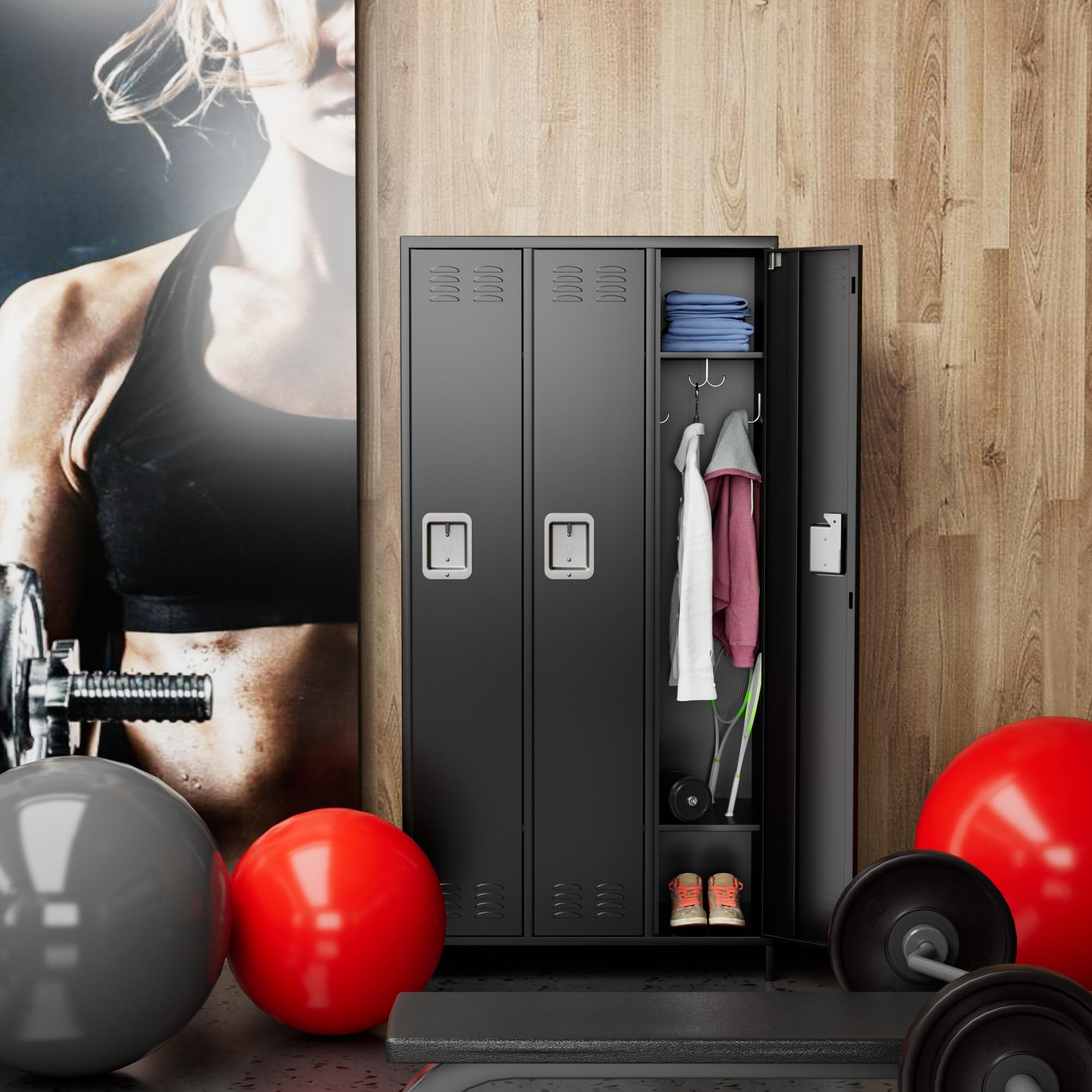 METAN 3-Door Steel Storage Locker Cabinet - Heavy Duty Metal Locker for School, Office, Gym & Bedroom - Industrial Storage Locker with 2 Adjustable Shelves for Employees & Students - Easy Assembly Required (Black) - Perfect for Secure Storage in Workplaces, Schools & Fitness Centers