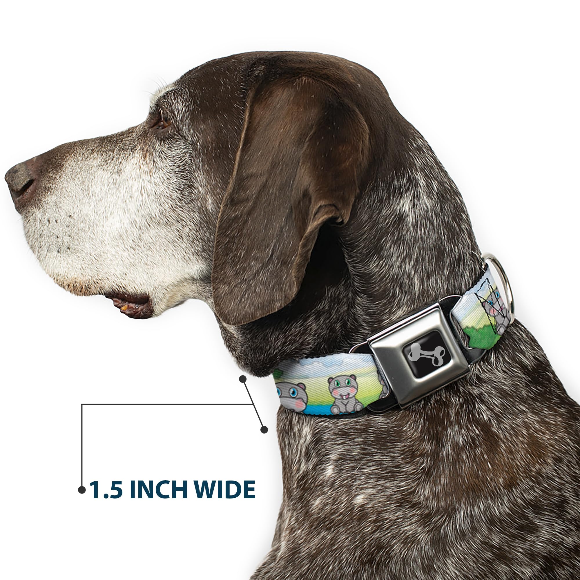 Buckle-Down Adjustable Hippo Cartoon Dog Collar with Bone Pattern - Small (9-15 inch) - Perfect for Small Dogs, Puppies & Pet Fashion Accessories