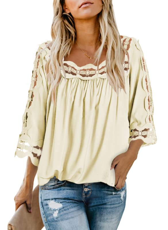 Dokotoo Women's 3/4 Sleeve Lace Crochet Blouse - Flowy Square Neck Solid Color Summer Top for Casual Wear, Date Night & Office Outfits