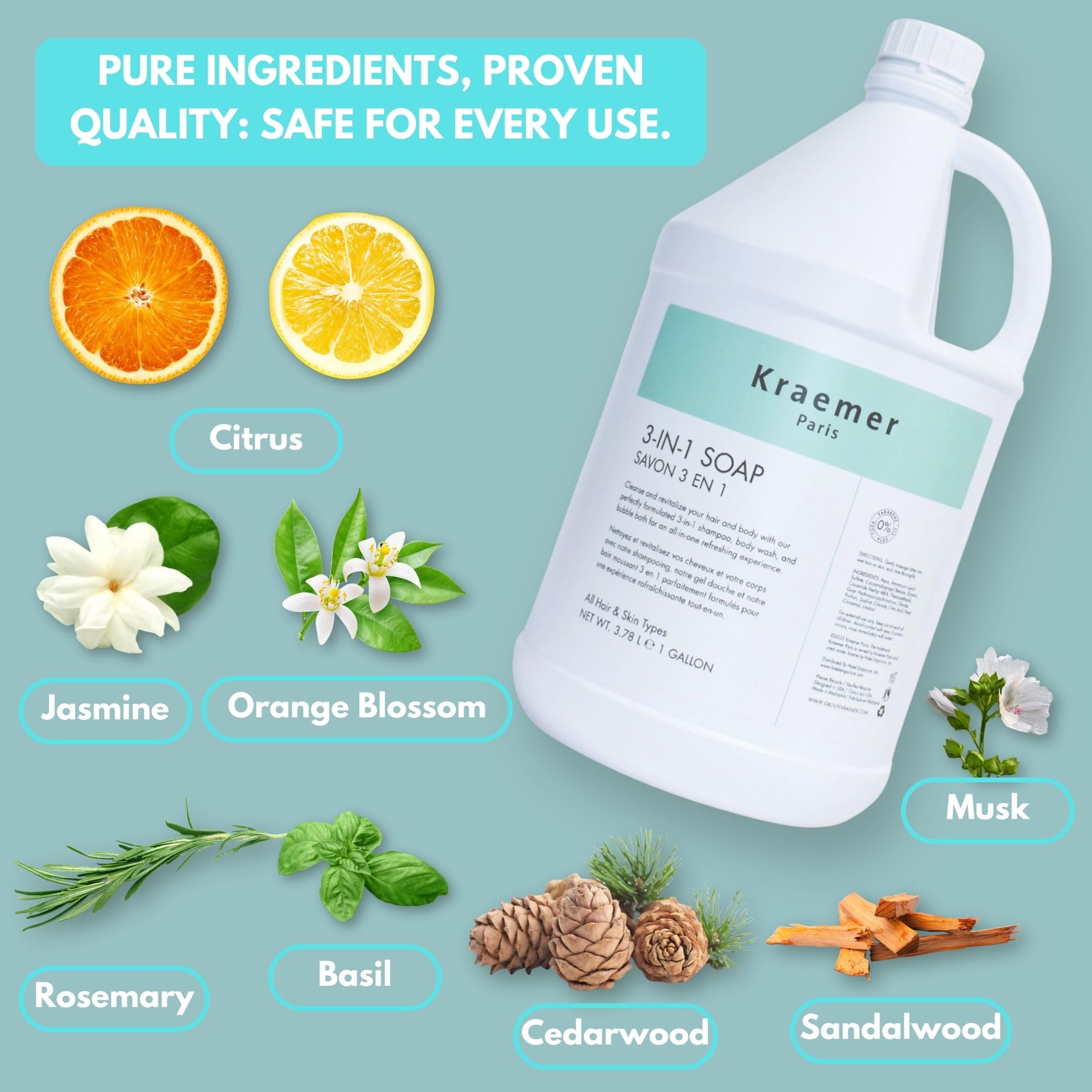 Kraemer Paris 3-in-1 Gallon Shampoo & Body Wash - All Hair Types, Bulk Refill for Hotels, Airbnbs, Gyms & Vacation Rentals | Salon Quality, 3.78L, Cruelty-Free | Perfect for Hospitality Industry & Commercial Use
