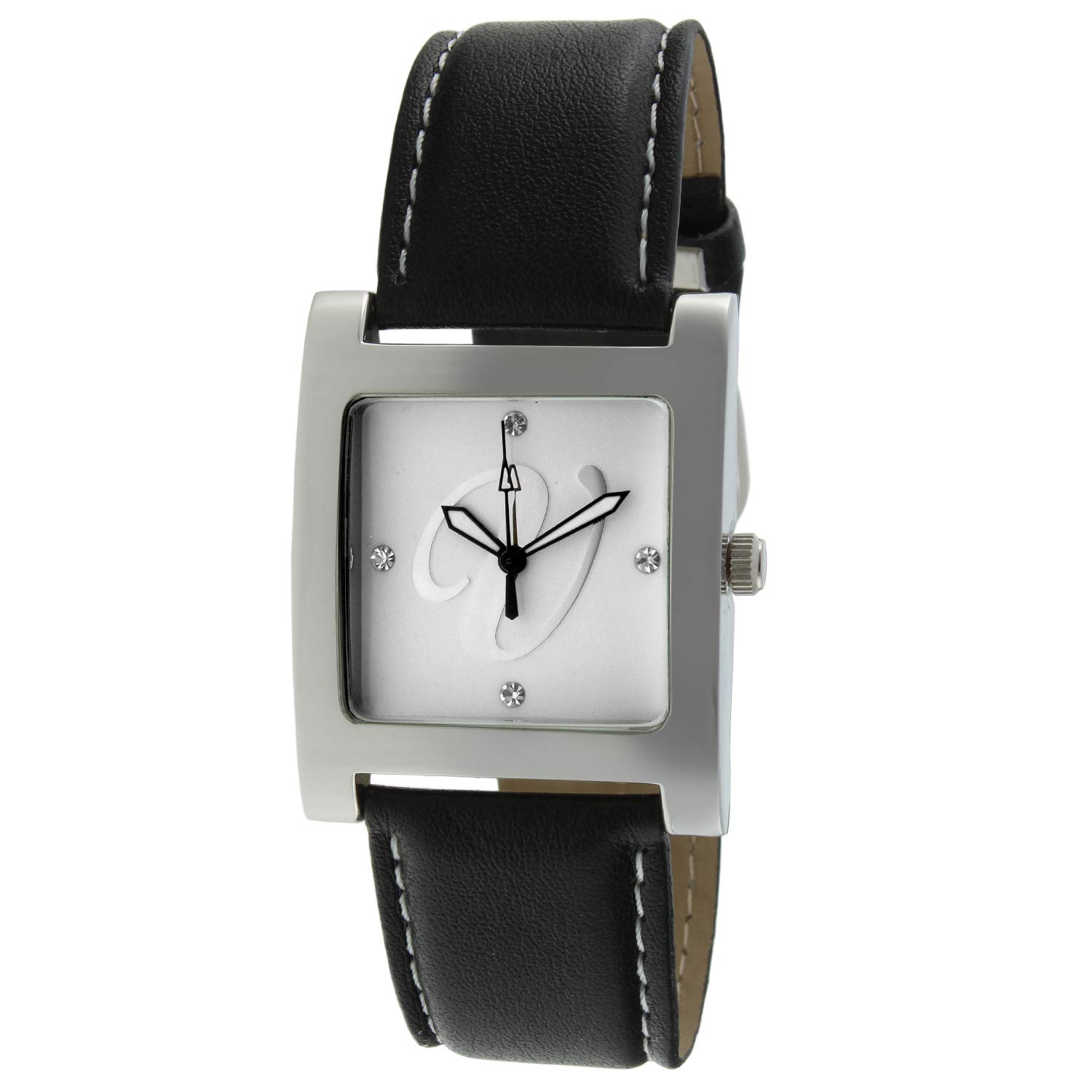 Personalized Women's Silver Tone Square Wrist Watch with Crystal Initial Studded Dial & Genuine Leather Strap - Elegant Gift for Her, Perfect for Office, Party & Everyday Wear