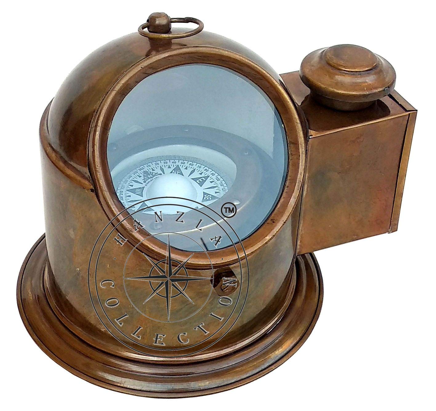 Vintage Marine Binnacle Boat Oil Lamp - Antique Brass Nautical Ship Compass with Gimbal for Classic Sailboats, Yachts & Home Décor