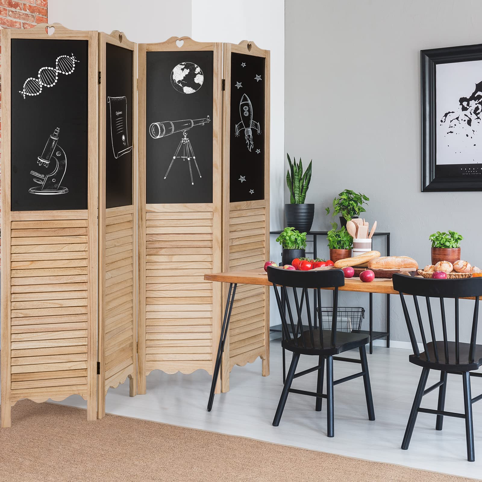 Happygrill 4 Panel Wooden Room Divider with Chalkboard - 5.7 Ft Tall Folding Privacy Screen for Bedroom, Office, Living Room & Restaurant - Perfect for Space Partition, Home Decor & Creative Note-Taking