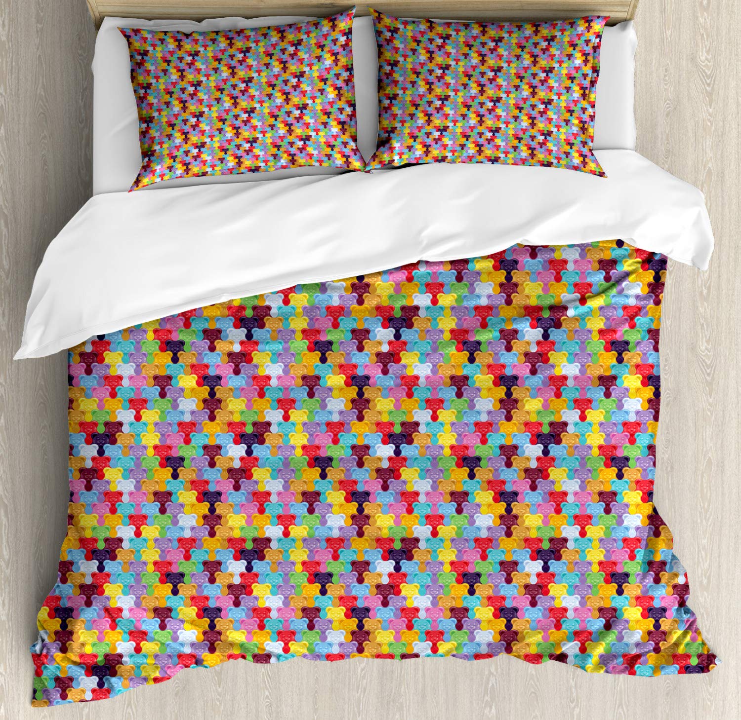 Ambesonne Vibrant Gummy Bear Duvet Cover Set - 2 Pack Queen Size with 4 Pillowcases, Colorful Candy Tile Design for Sweet Dreams | Perfect for Kids' Rooms, Dorm Decor & Fun Bedroom Makeovers