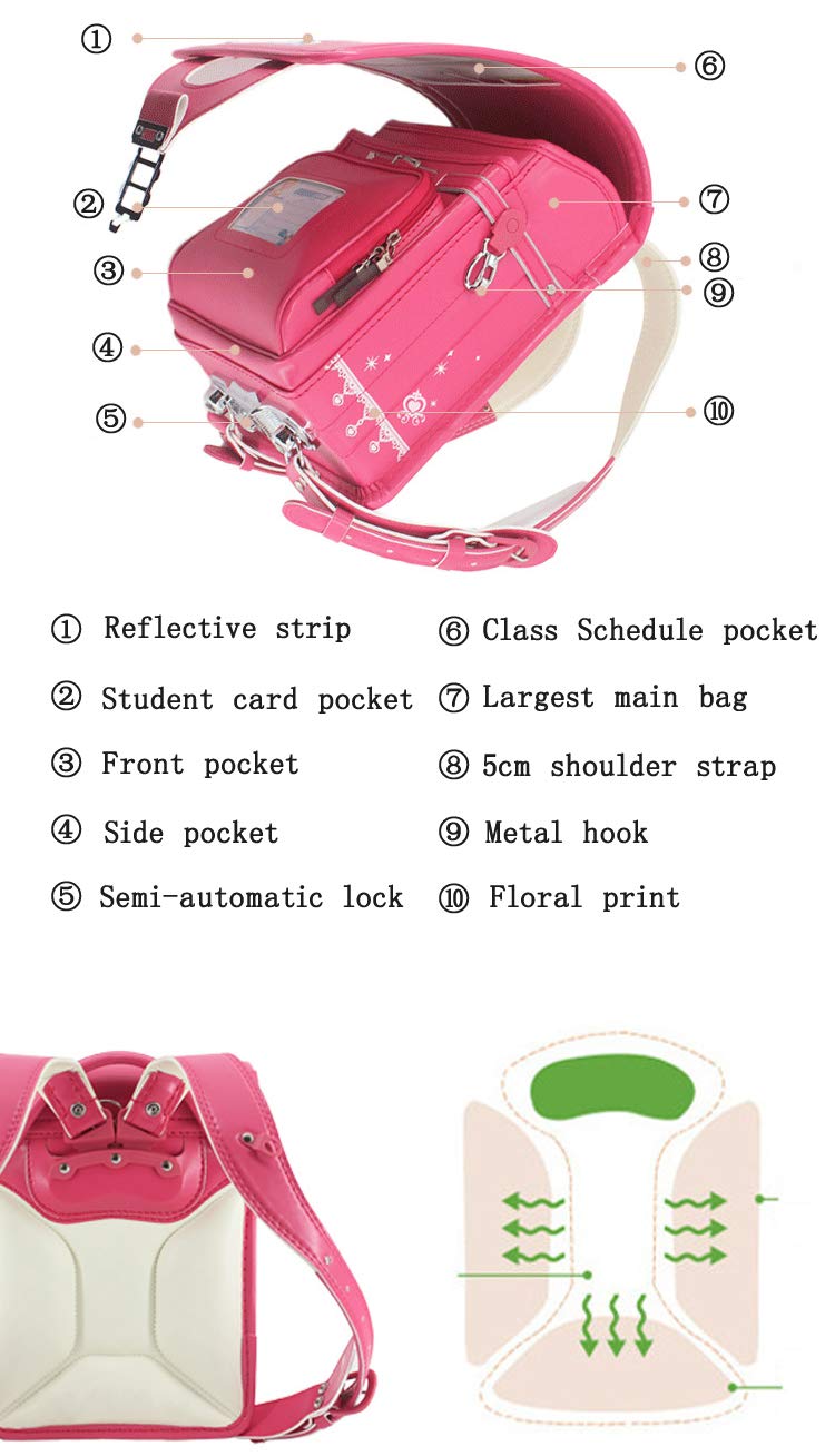 Premium Japanese Randoseru Backpack for Kids - PU Leather, Waterproof, Automatic Opening, Pink - Perfect for School, Travel & Daily Use
