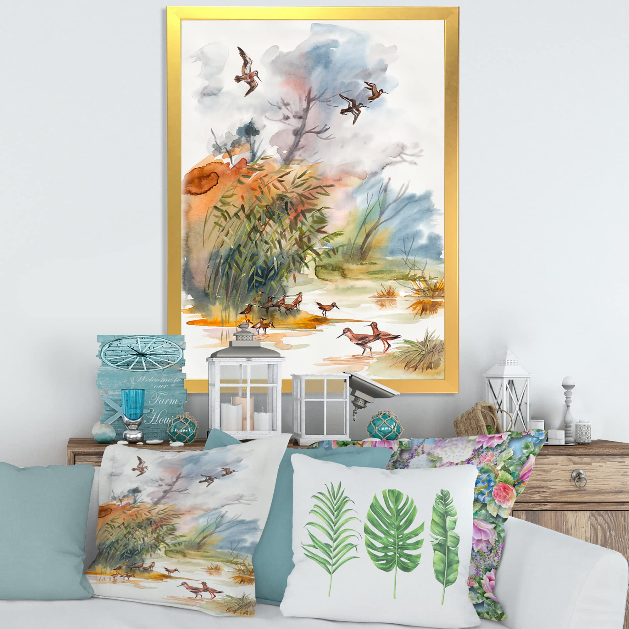 Autumn Landscape Flying Over Water - Traditional Framed Wall Art for Living Room, Bedroom & Office Decor
