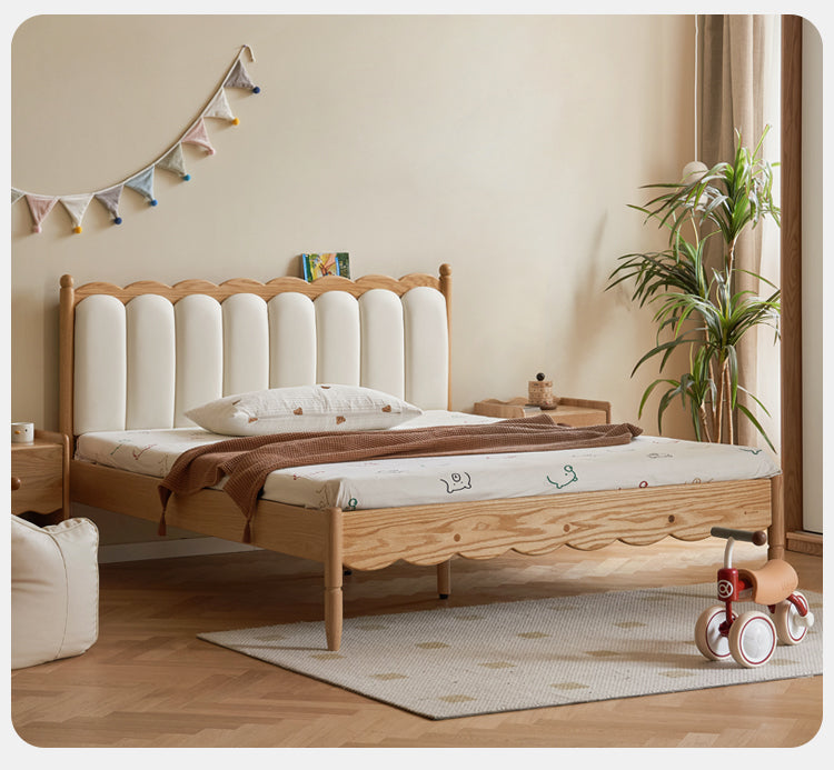 Premium Oak Solid Wood Kids Upholstered Bed with Soft Headboard - Milky White | Safe & Comfortable Toddler Bedroom Furniture for Boys & Girls | Perfect for Bedrooms, Daycare & Guest Rooms