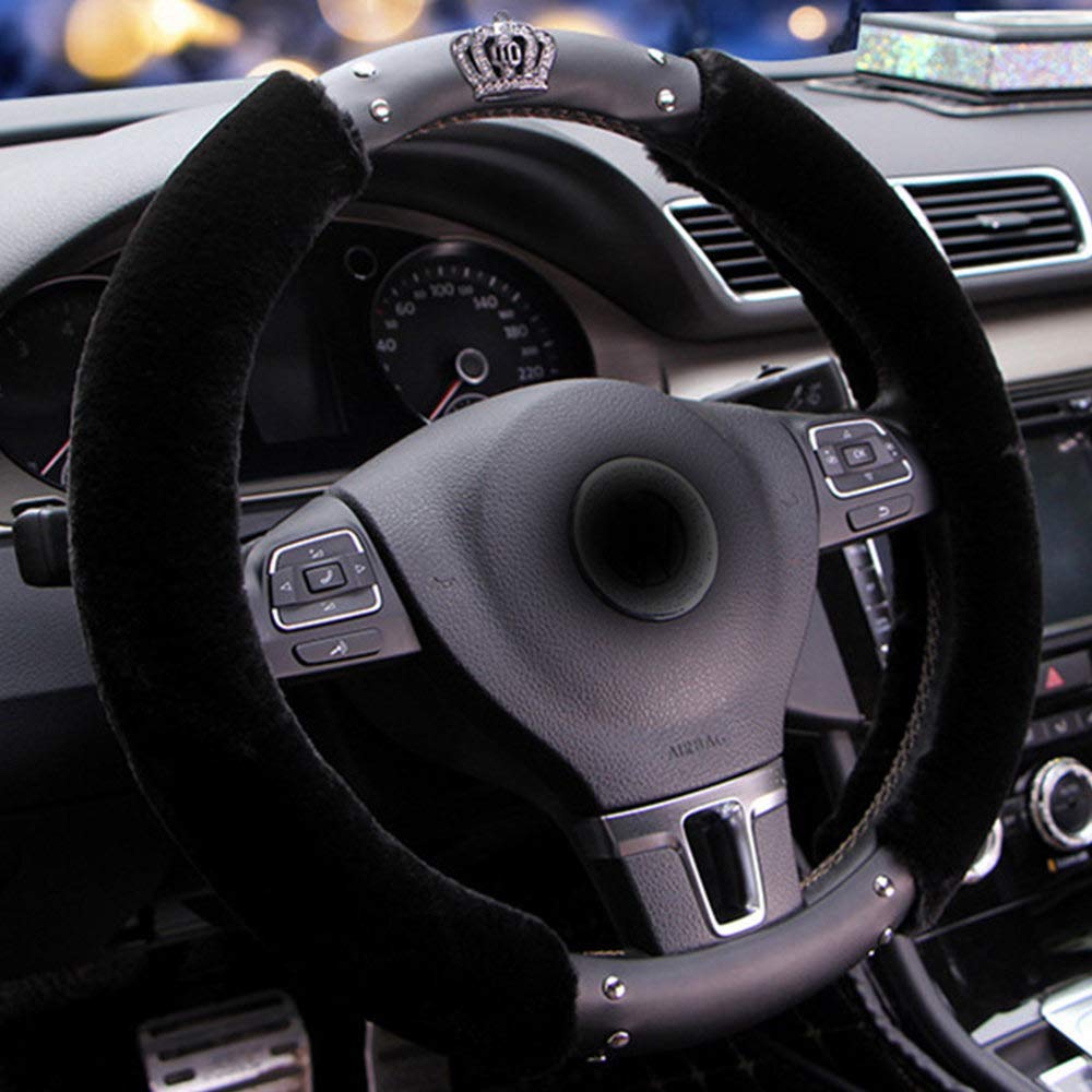 Cute Diamond Crown Plush & PU Leather Steering Wheel Cover - Soft Fuzzy Fluffy Car Accessory - Universal Fit 15 Inch (38cm) - Black - Perfect for Winter Warmth & Stylish Car Interior Upgrade