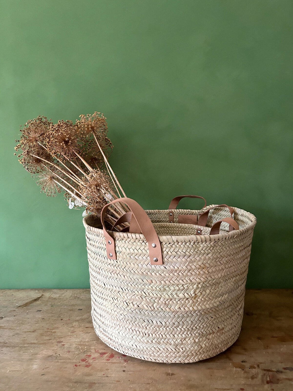 Round Leather Handle Storage Basket - Stylish Woven Organizer for Home, Office & Nursery - Perfect for Toys, Blankets, Books & More