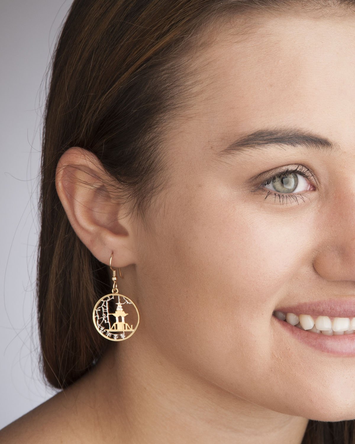 South Korean 10 Won Temple Coin Earrings - Hand-Cut 14K Gold & Rhodium Plated - 7/8 Inch - Perfect for Boho Jewelry & Cultural Fashion Accessories