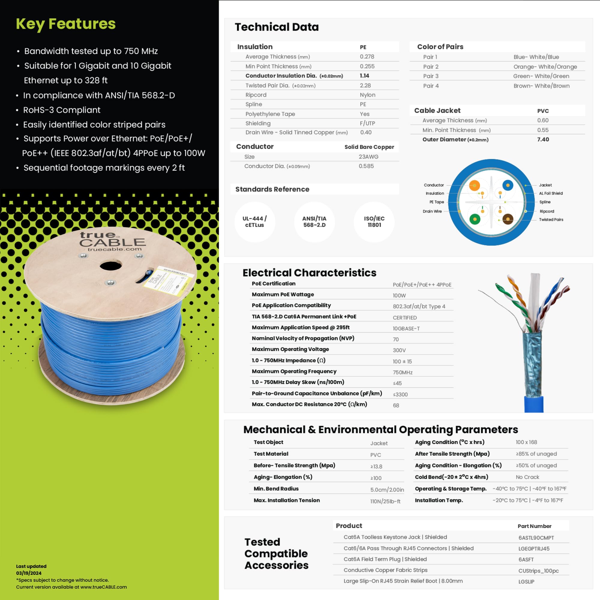 trueCABLE Cat6A Shielded Riser (CMR) Ethernet Cable - 1000ft Blue 23AWG Solid Bare Copper, 750MHz, PoE++ (4PPoE), ETL Listed, F/UTP Aluminum Foil Shield - Ideal for High-Speed Networking, Data Centers & PoE Applications