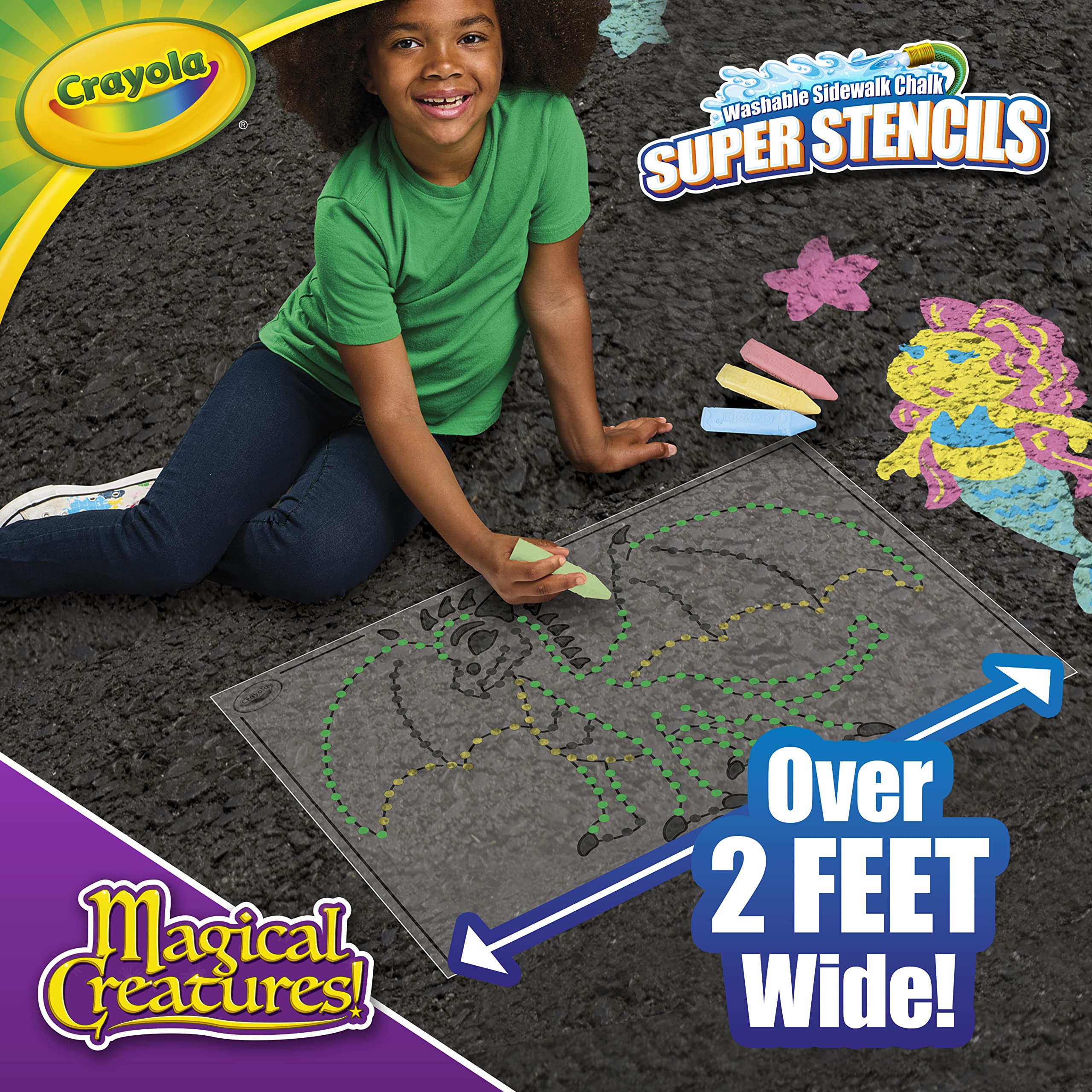 Crayola Super Stencils Magical Creatures Set (3ct) - Large Washable Sidewalk Chalk for Kids Ages 4+ | Outdoor Play, Birthday Gifts, Summer Activities, Creative Drawing Fun