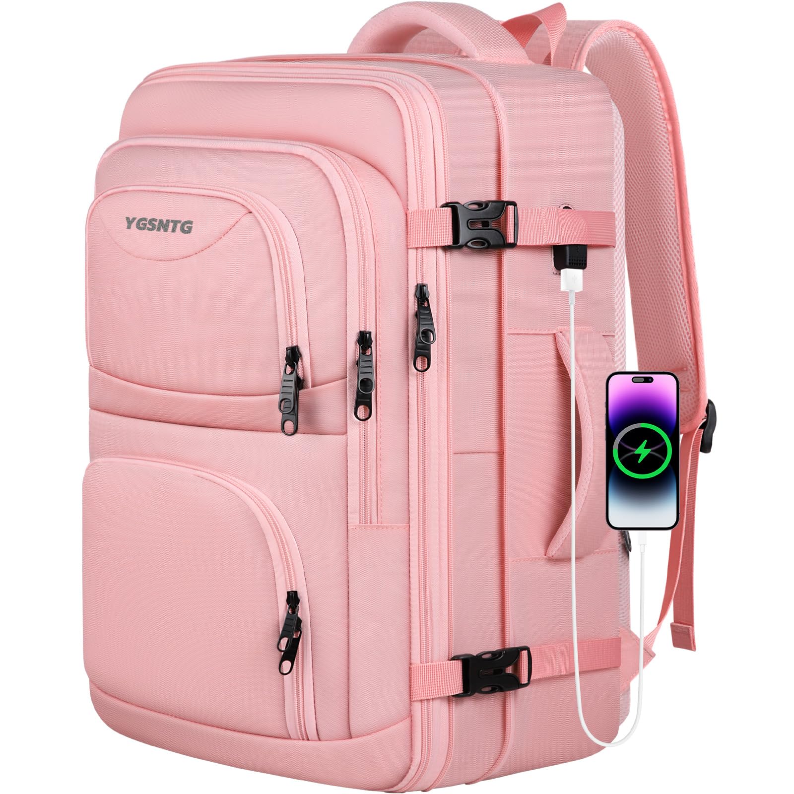 Women's 52L Expandable Travel Backpack - TSA Approved Carry On Luggage with USB Port | Large Flight Approved Business Backpack for Teachers, Commuters & Weekend Trips | Perfect for Air Travel, Work & Daily Use (Pink)